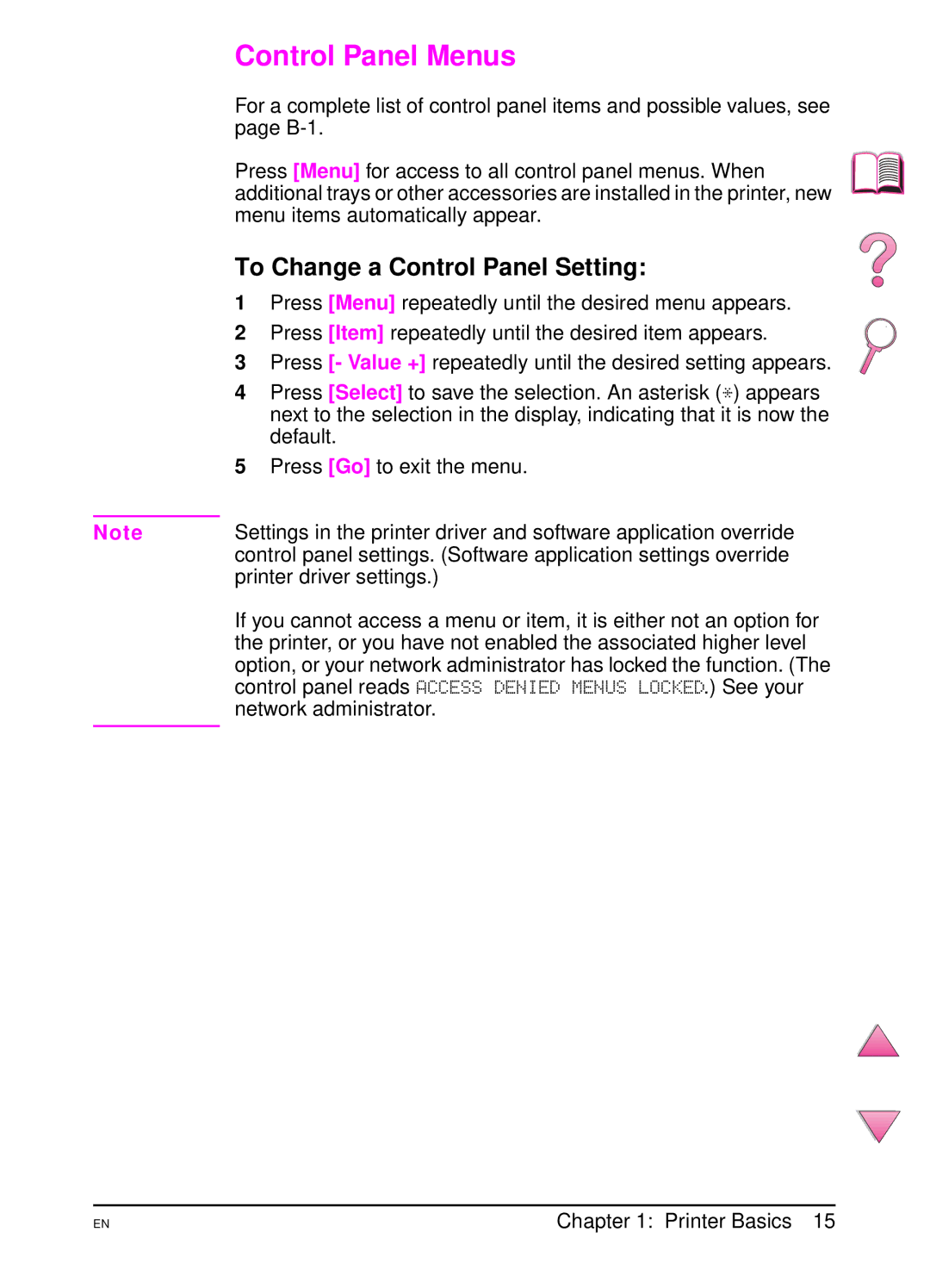 HP 4050 manual Control Panel Menus, To Change a Control Panel Setting, Network administrator 