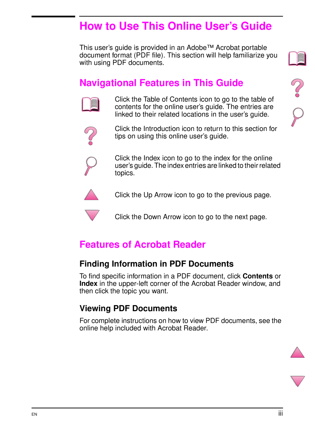 HP 4050 manual How to Use This Online User’s Guide, Navigational Features in This Guide, Features of Acrobat Reader, Iii 