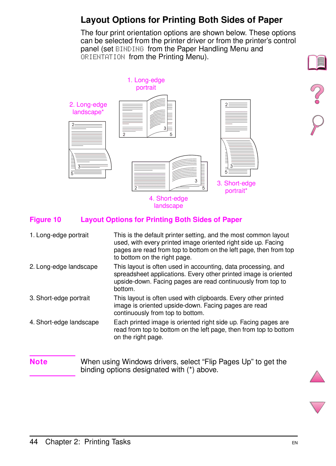 HP 4050 manual Layout Options for Printing Both Sides of Paper, When using Windows drivers, select Flip Pages Up to get 