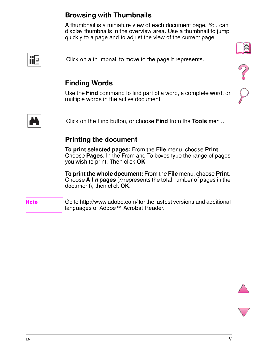 HP 4050 manual Browsing with Thumbnails, Finding Words, Printing the document 