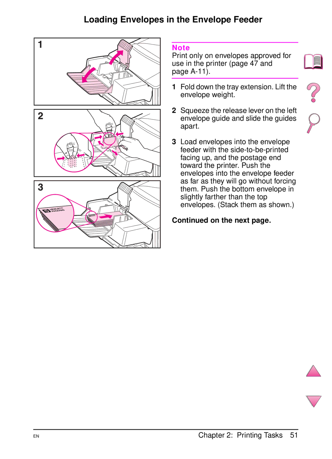 HP 4050 manual Loading Envelopes in the Envelope Feeder, On the next 