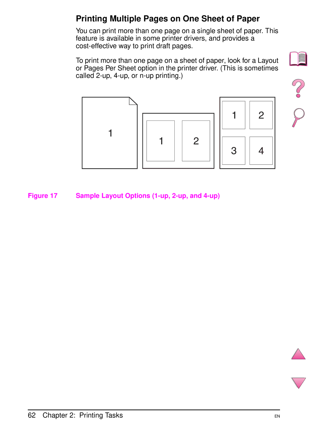 HP 4050 manual Printing Multiple Pages on One Sheet of Paper, Sample Layout Options 1-up, 2-up, and 4-up 