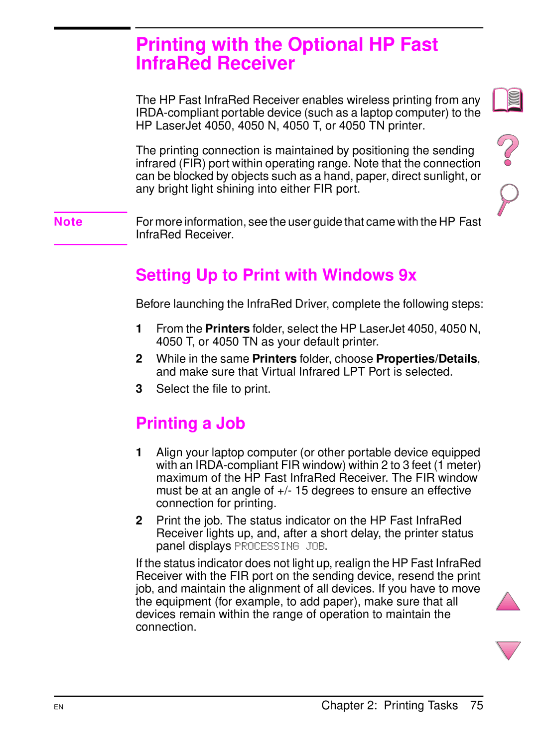 HP 4050 manual Printing with the Optional HP Fast InfraRed Receiver, Setting Up to Print with Windows, Printing a Job 