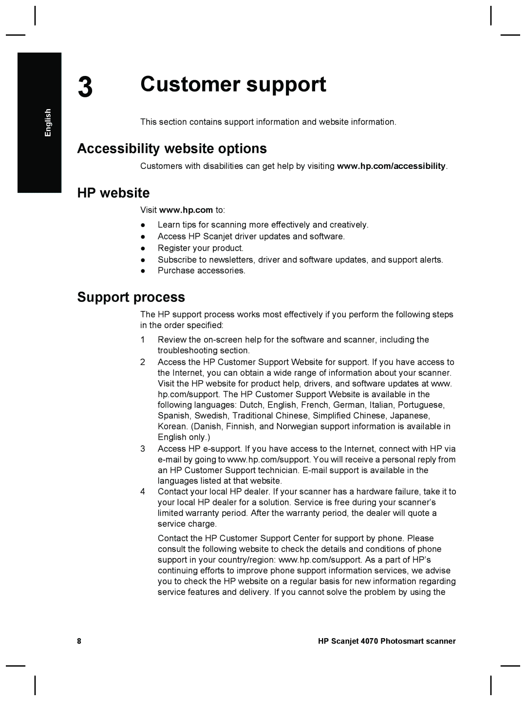 HP 4070 manual Customer support, Accessibility website options HP website, Support process 