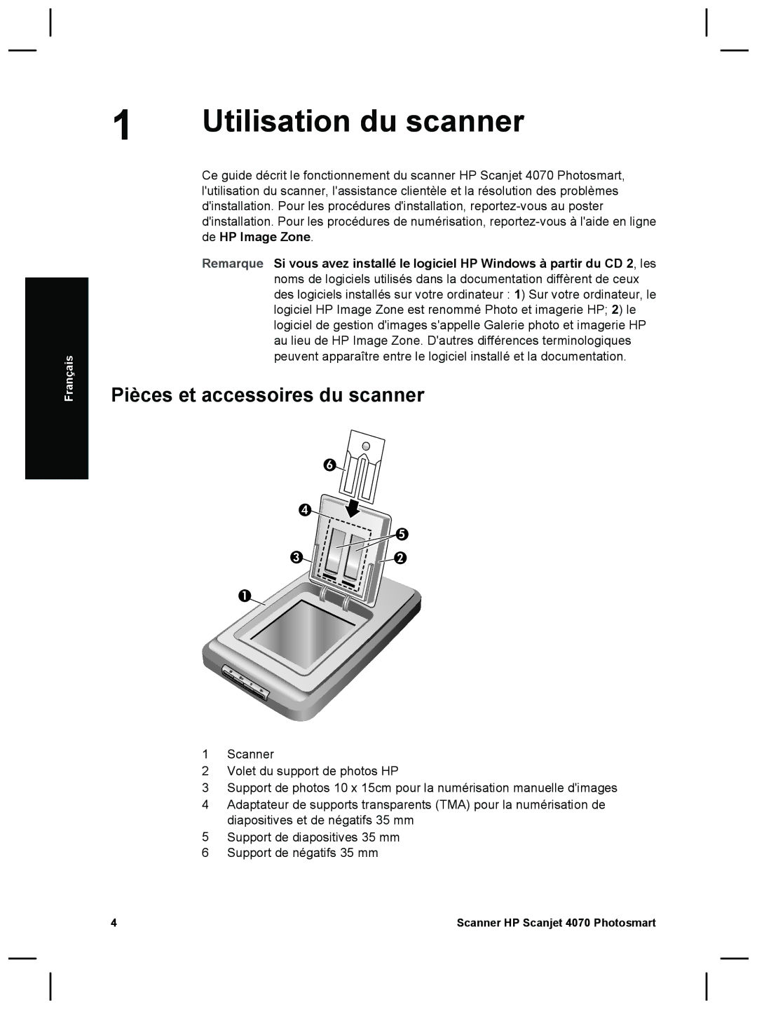 HP 4070 manual Utilisation du scanner, Pièces et accessoires du scanner 