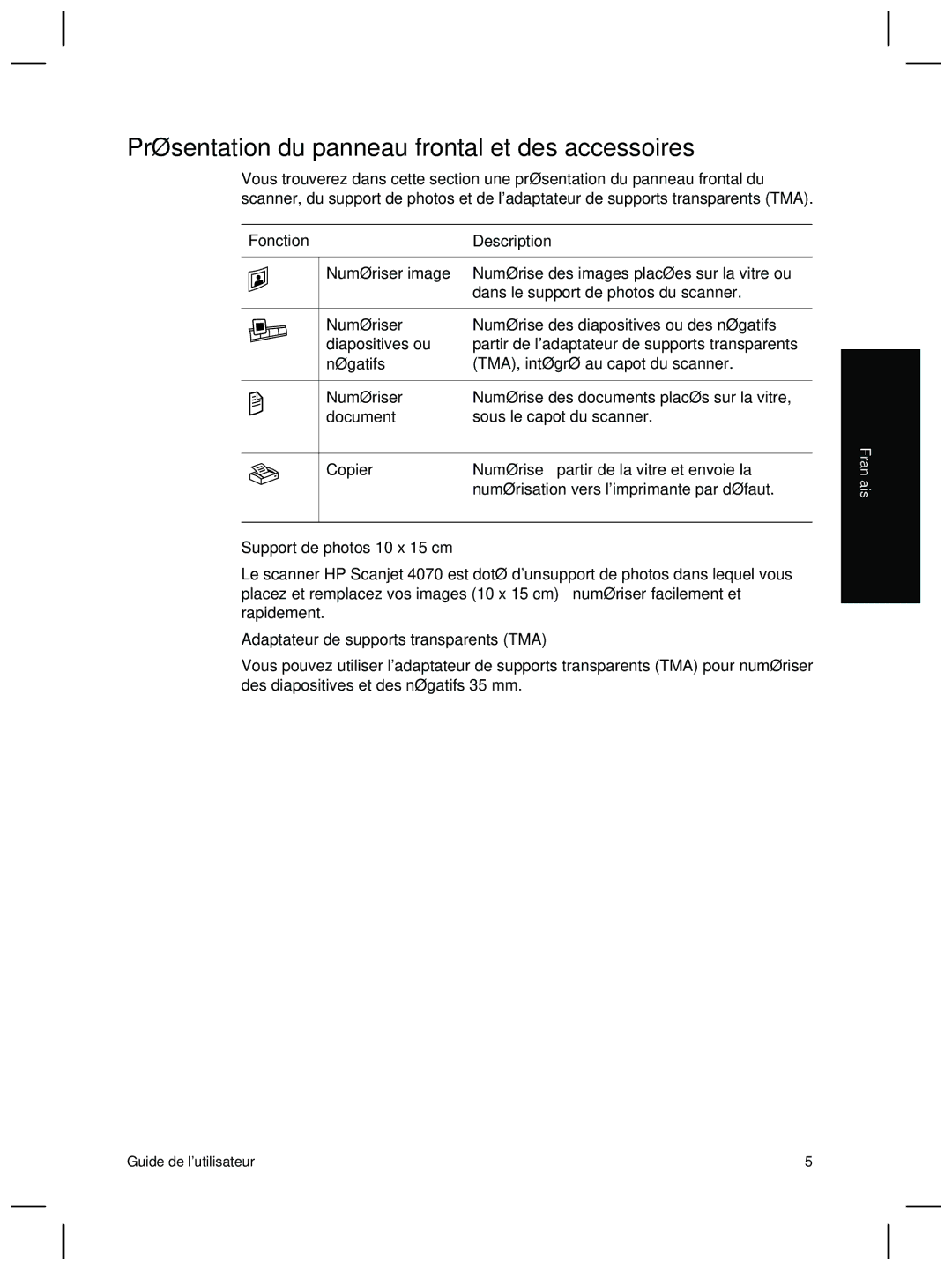 HP 4070 manual Présentation du panneau frontal et des accessoires, Fonction Description Numériser image 