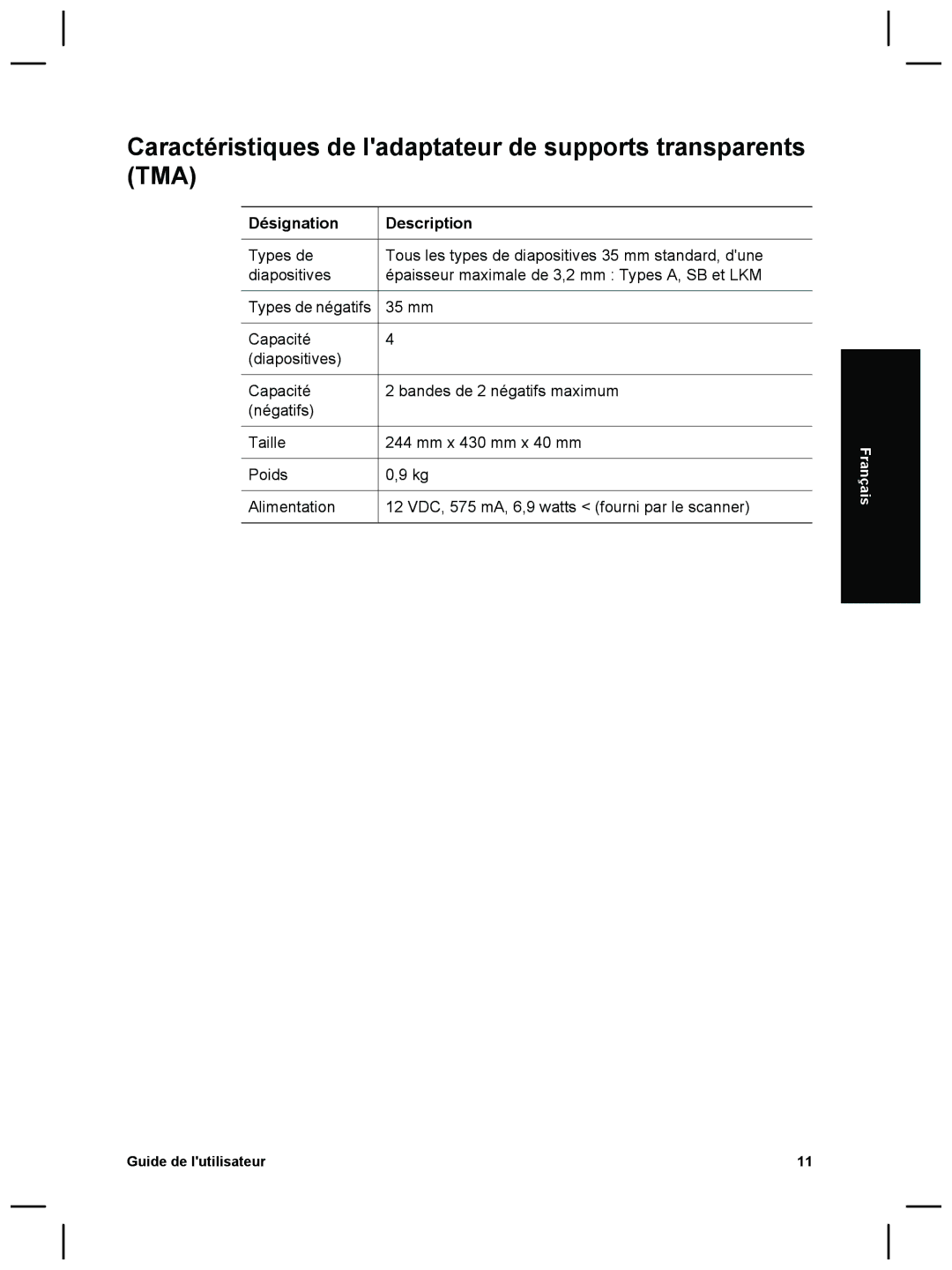 HP 4070 manual Caractéristiques de ladaptateur de supports transparents TMA 