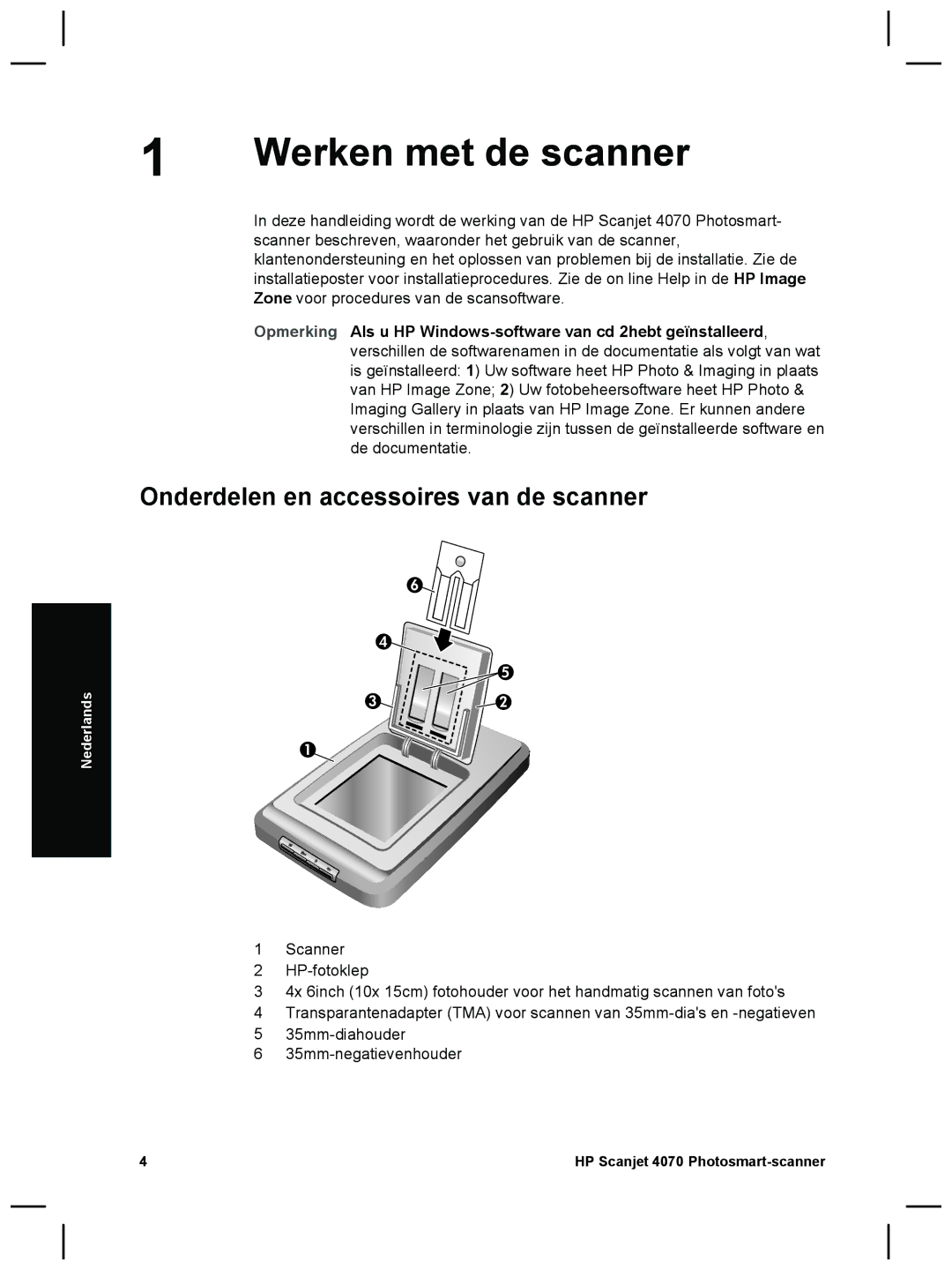 HP 4070 manual Werken met de scanner, Onderdelen en accessoires van de scanner 