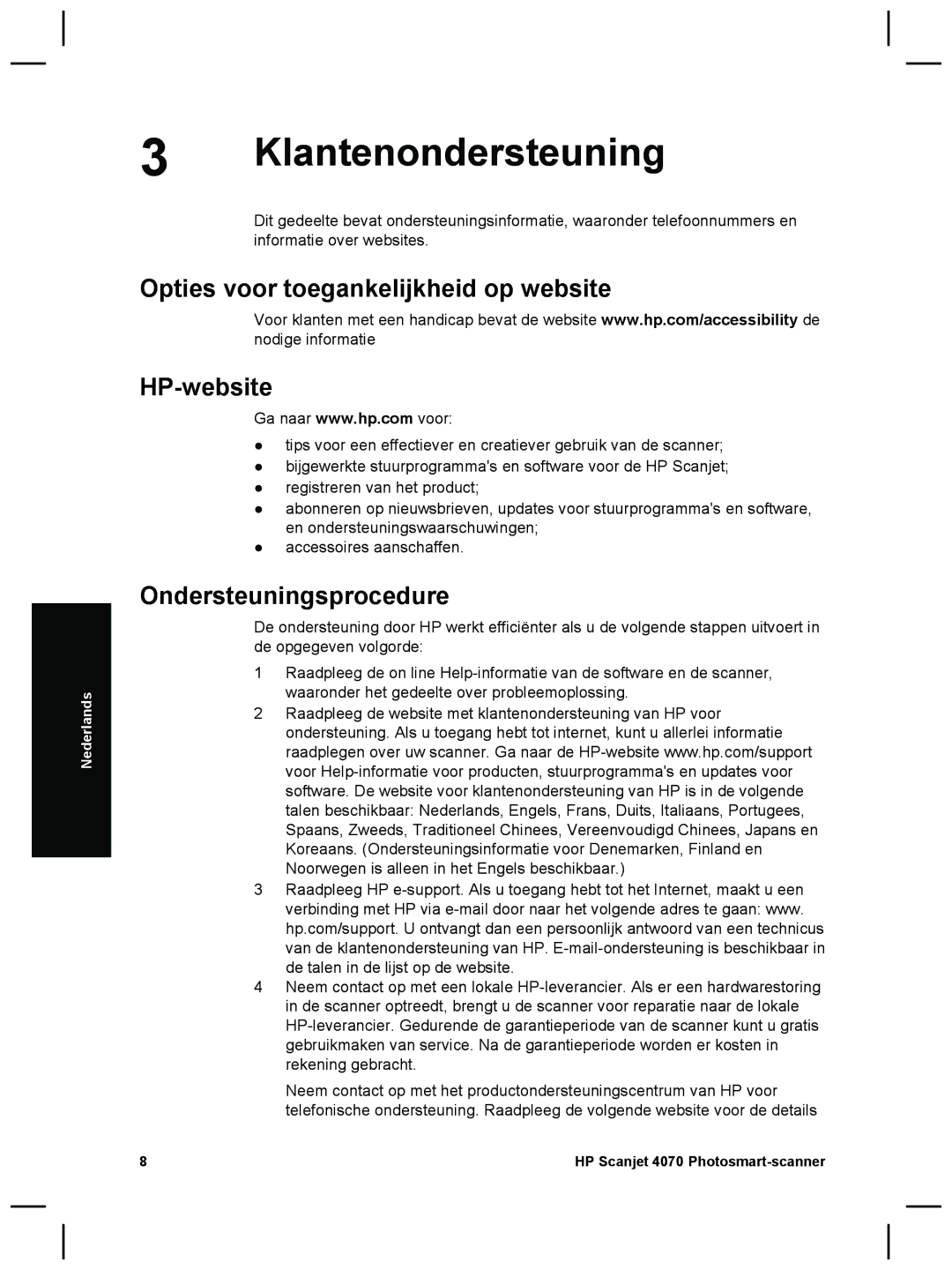 HP 4070 manual Klantenondersteuning, Opties voor toegankelijkheid op website HP-website, Ondersteuningsprocedure 