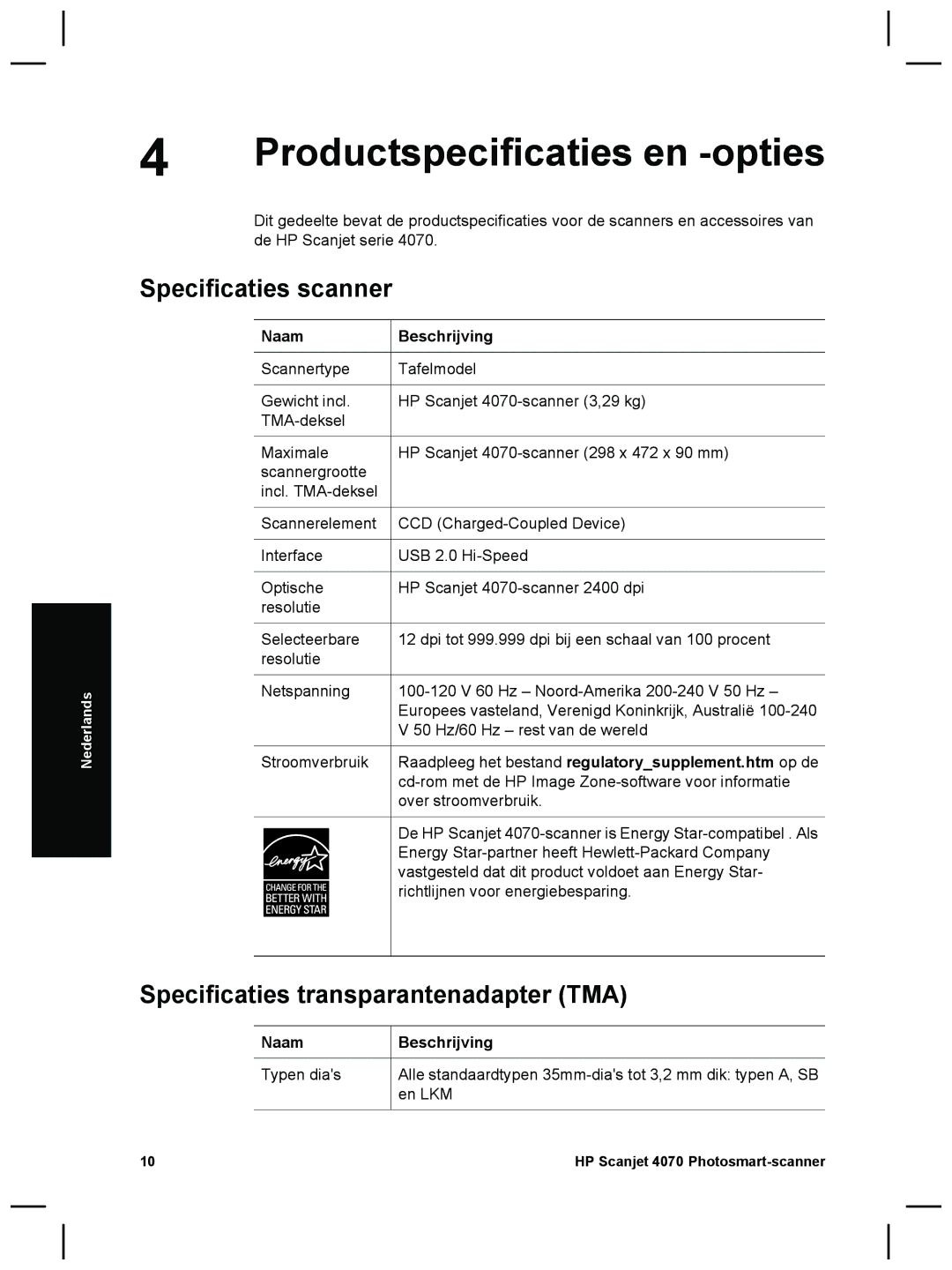 HP 4070 manual Productspecificaties en -opties, Specificaties transparantenadapter TMA, Naam Beschrijving 