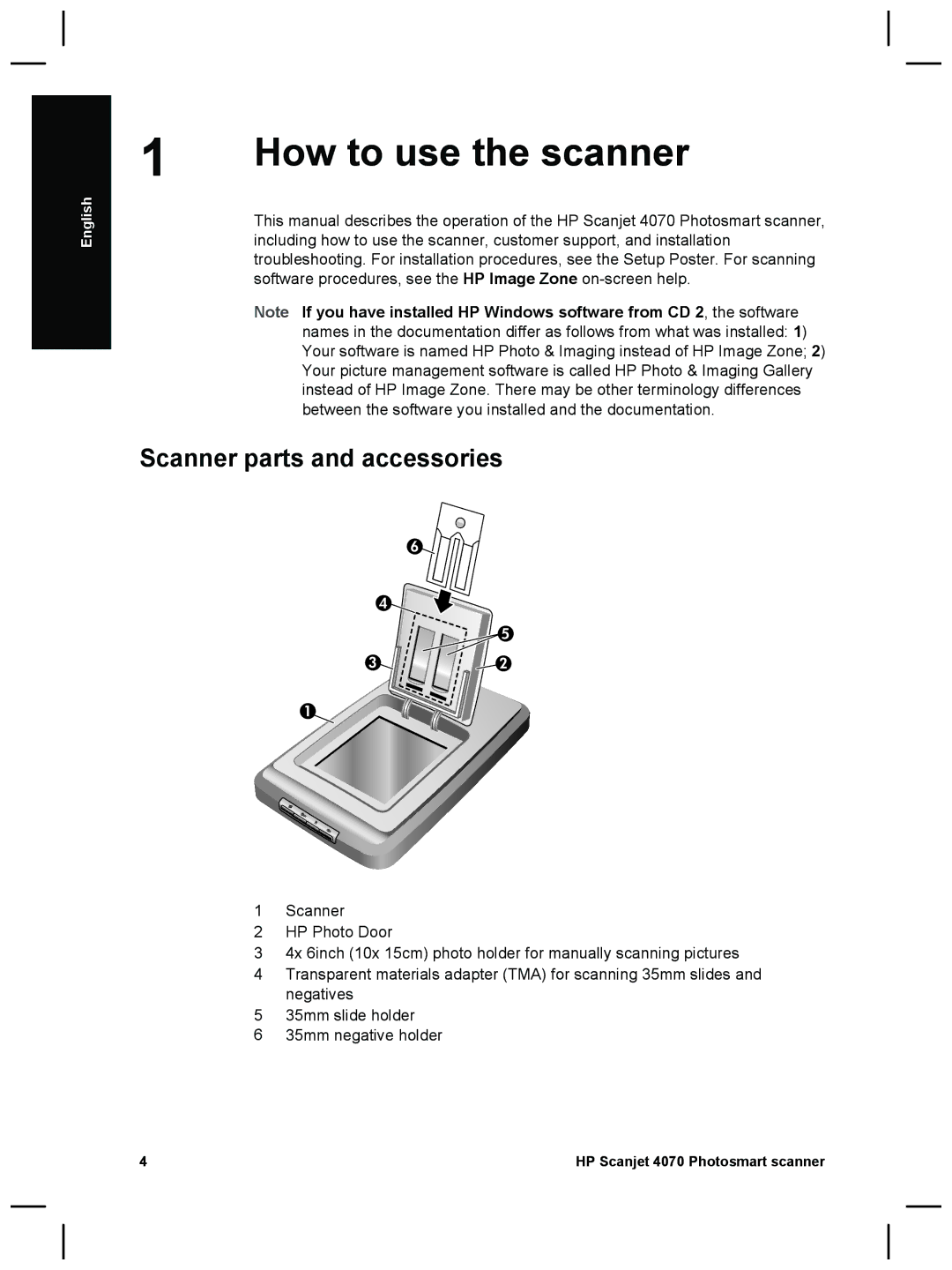 HP 4070 manual How to use the scanner, Scanner parts and accessories 