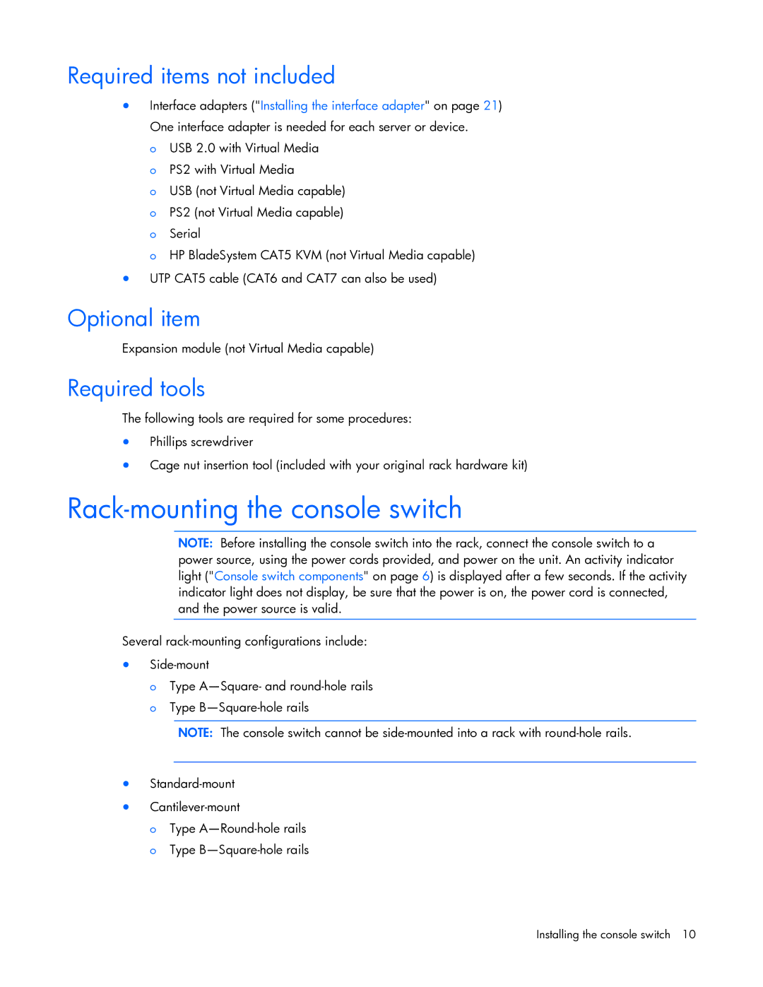 HP 409054-003 manual Rack-mounting the console switch, Required items not included, Optional item, Required tools 