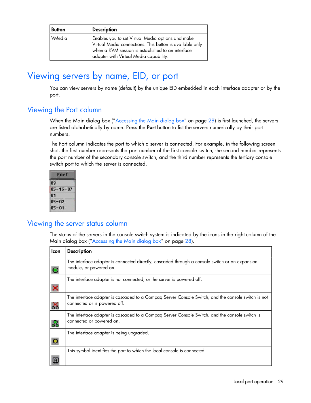 HP 409054-003 manual Viewing servers by name, EID, or port, Viewing the Port column, Viewing the server status column 