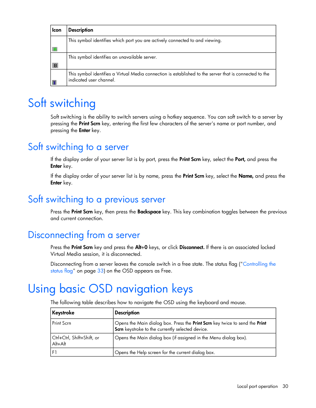 HP 409054-003 manual Using basic OSD navigation keys, Soft switching to a server, Soft switching to a previous server 