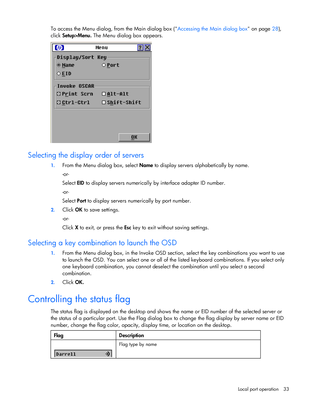 HP 409054-003 manual Controlling the status flag, Selecting the display order of servers 