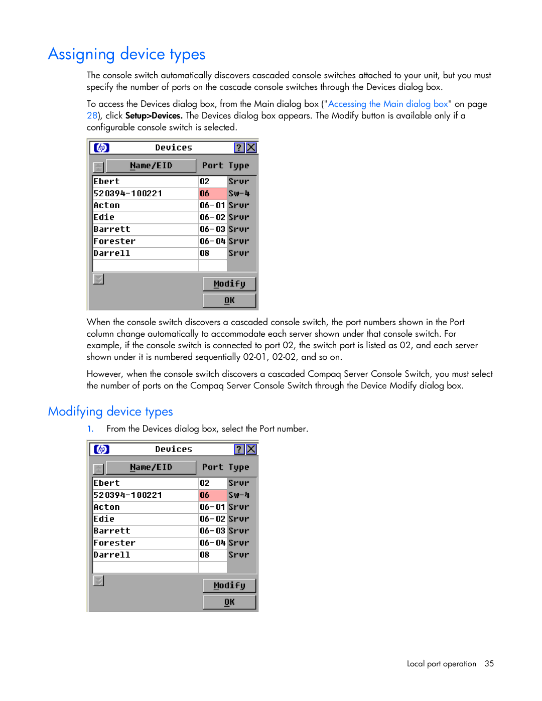 HP 409054-003 manual Assigning device types, Modifying device types 