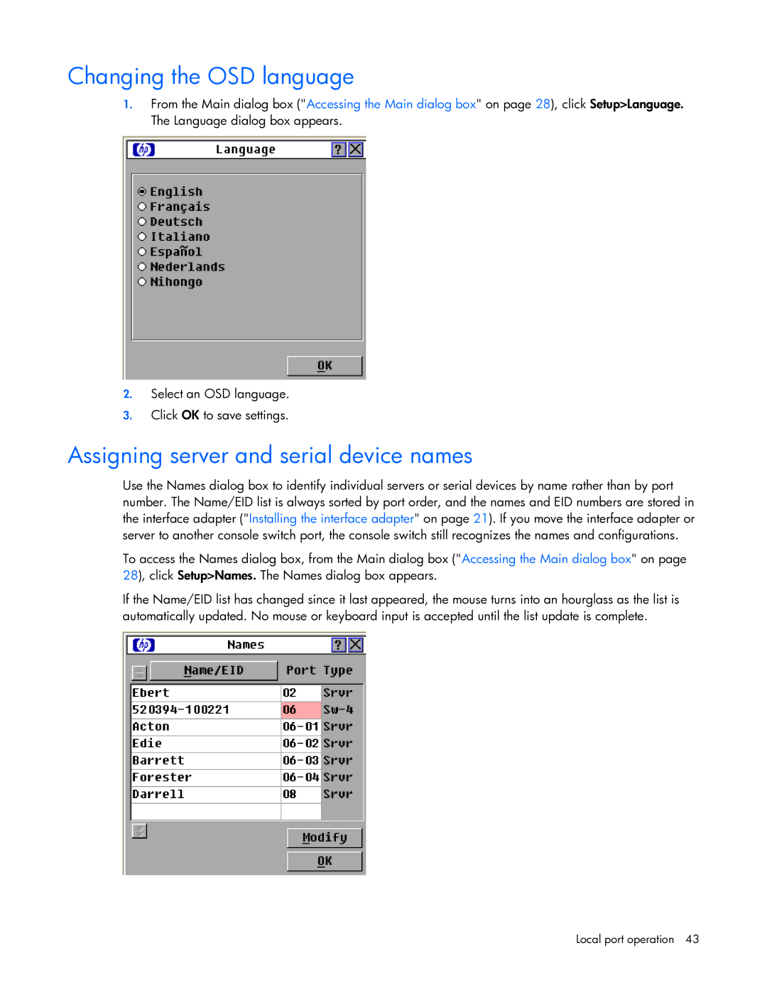 HP 409054-003 manual Changing the OSD language, Assigning server and serial device names 