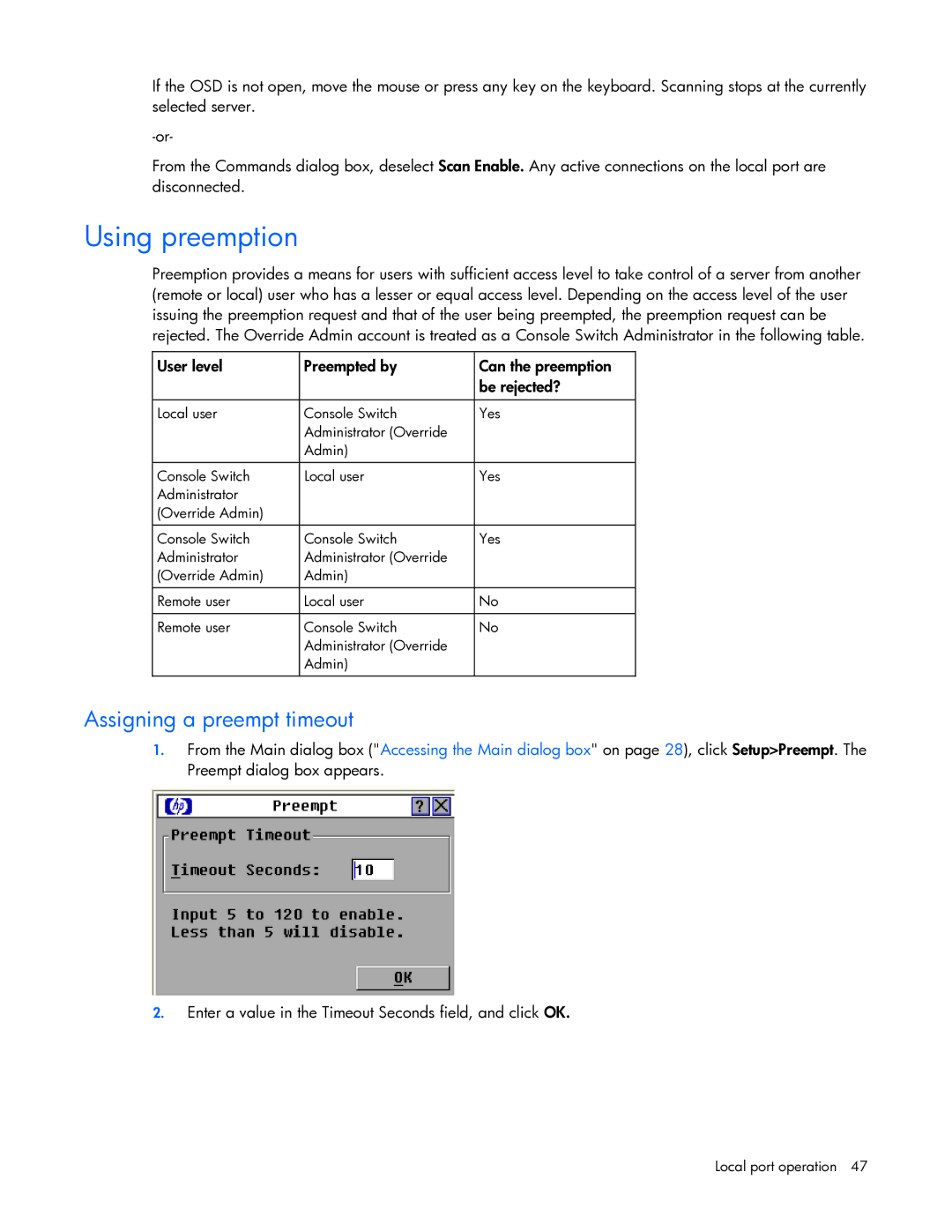 HP 409054-003 manual Using preemption, Assigning a preempt timeout 