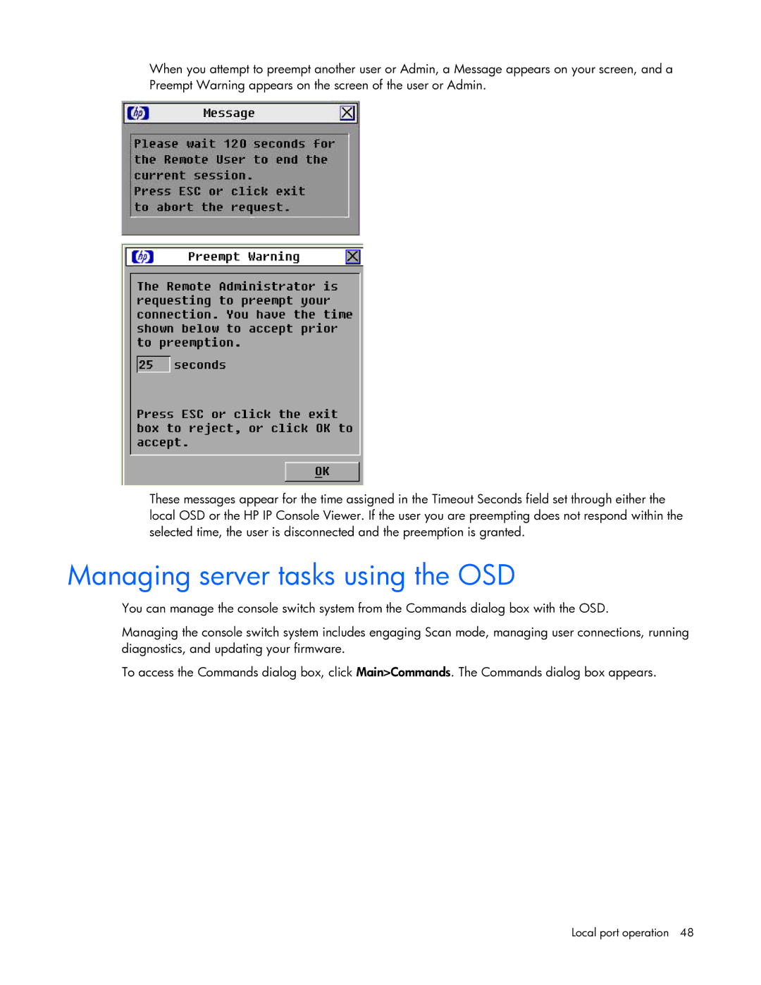 HP 409054-003 manual Managing server tasks using the OSD 