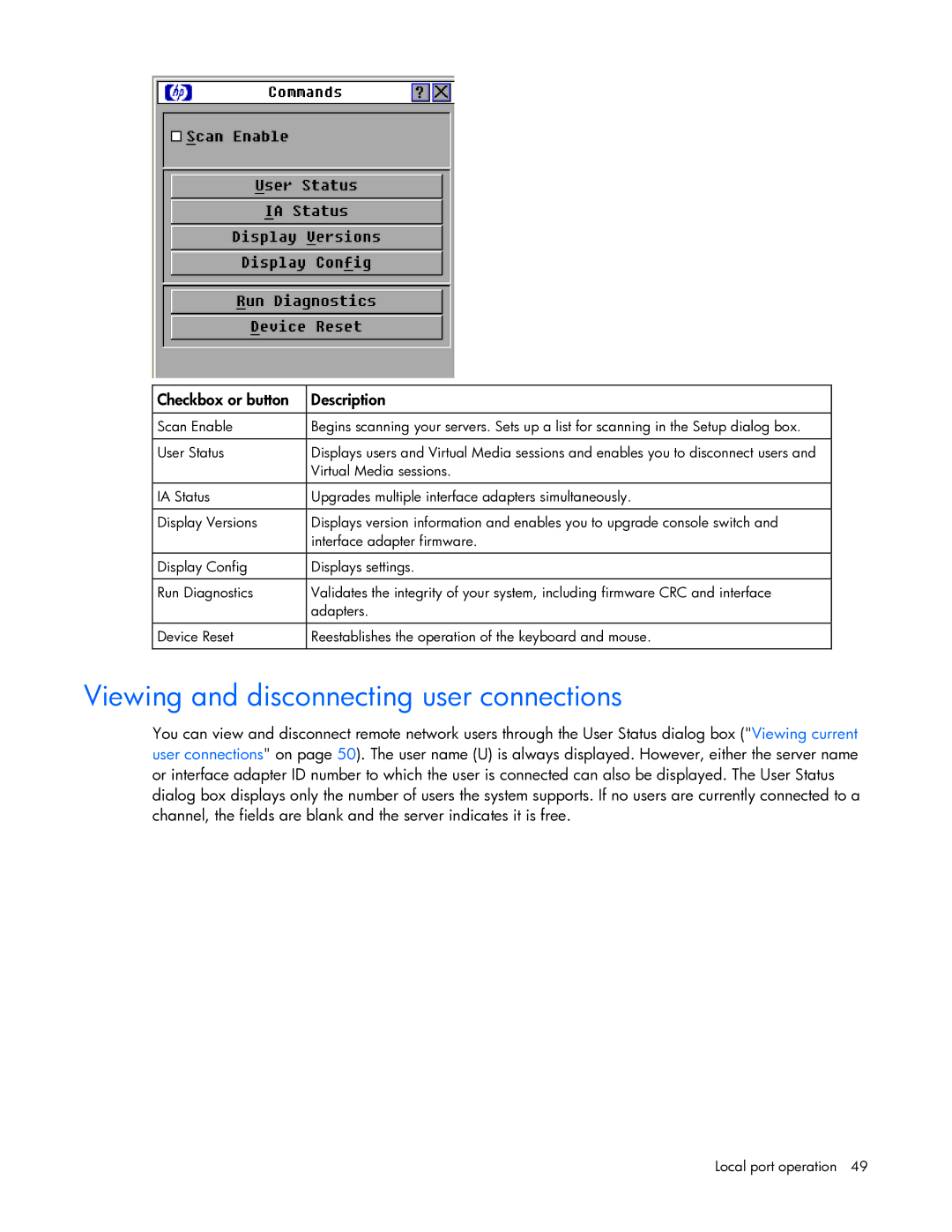 HP 409054-003 manual Viewing and disconnecting user connections, Checkbox or button Description 