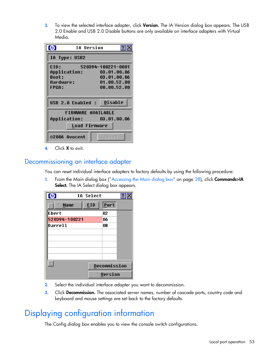 HP 409054-003 manual Displaying configuration information, Decommissioning an interface adapter 