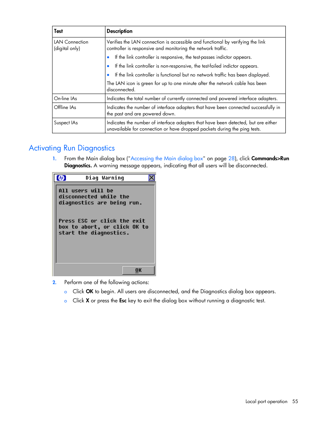 HP 409054-003 manual Activating Run Diagnostics, Test Description 