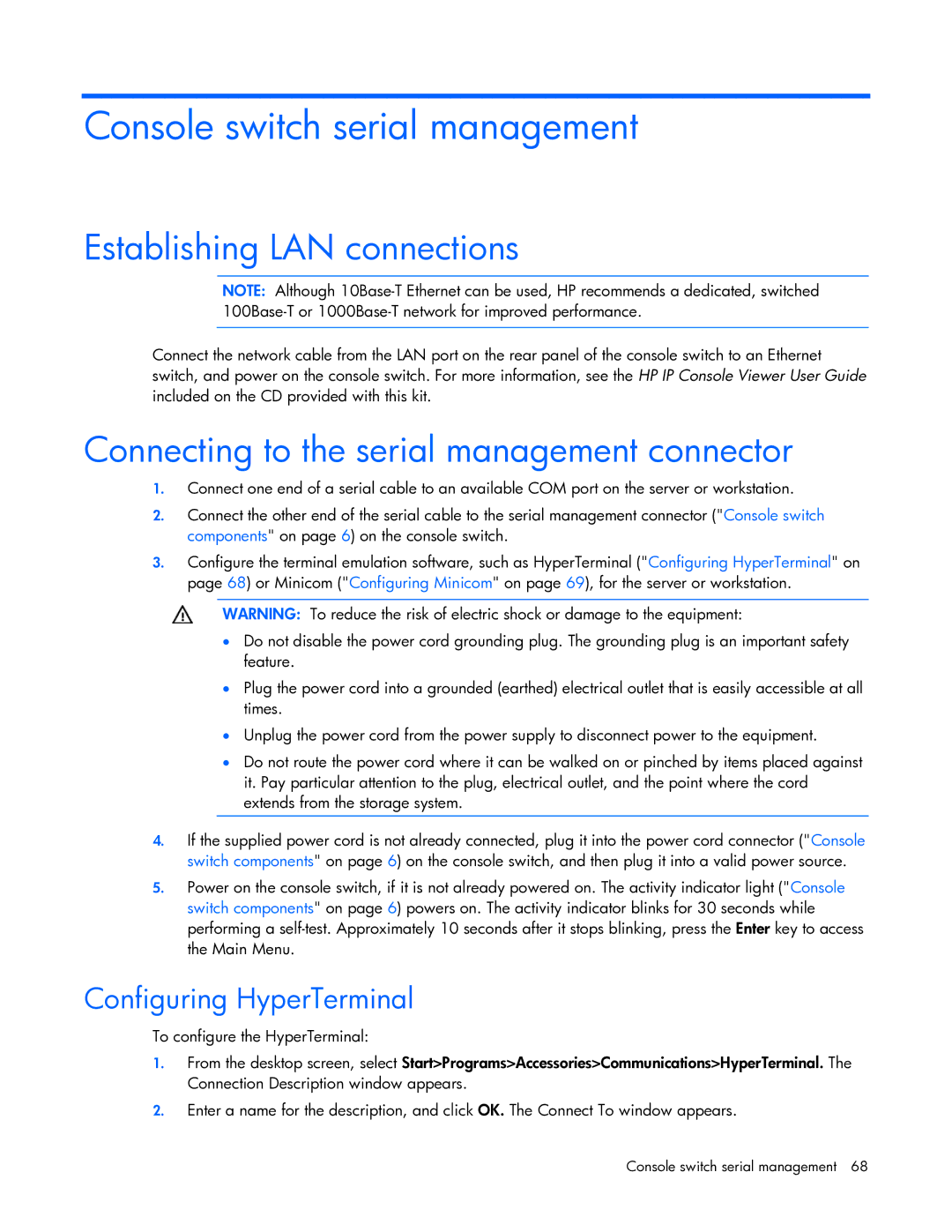 HP 409054-003 manual Console switch serial management, Establishing LAN connections, Configuring HyperTerminal 