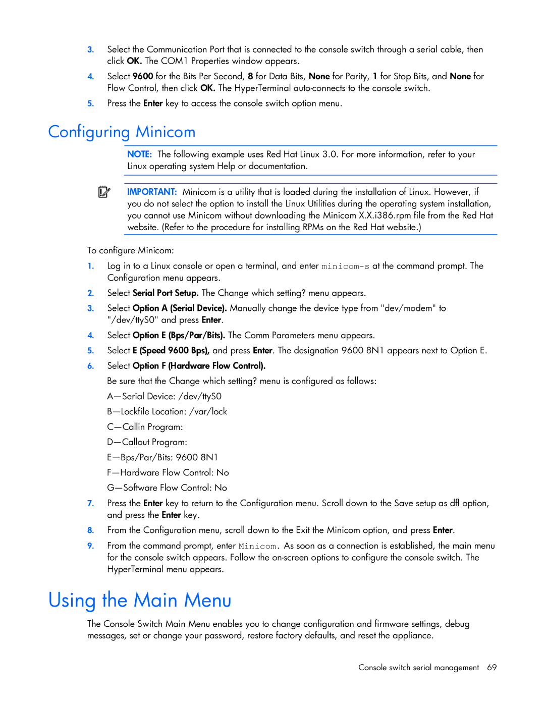 HP 409054-003 manual Using the Main Menu, Configuring Minicom 