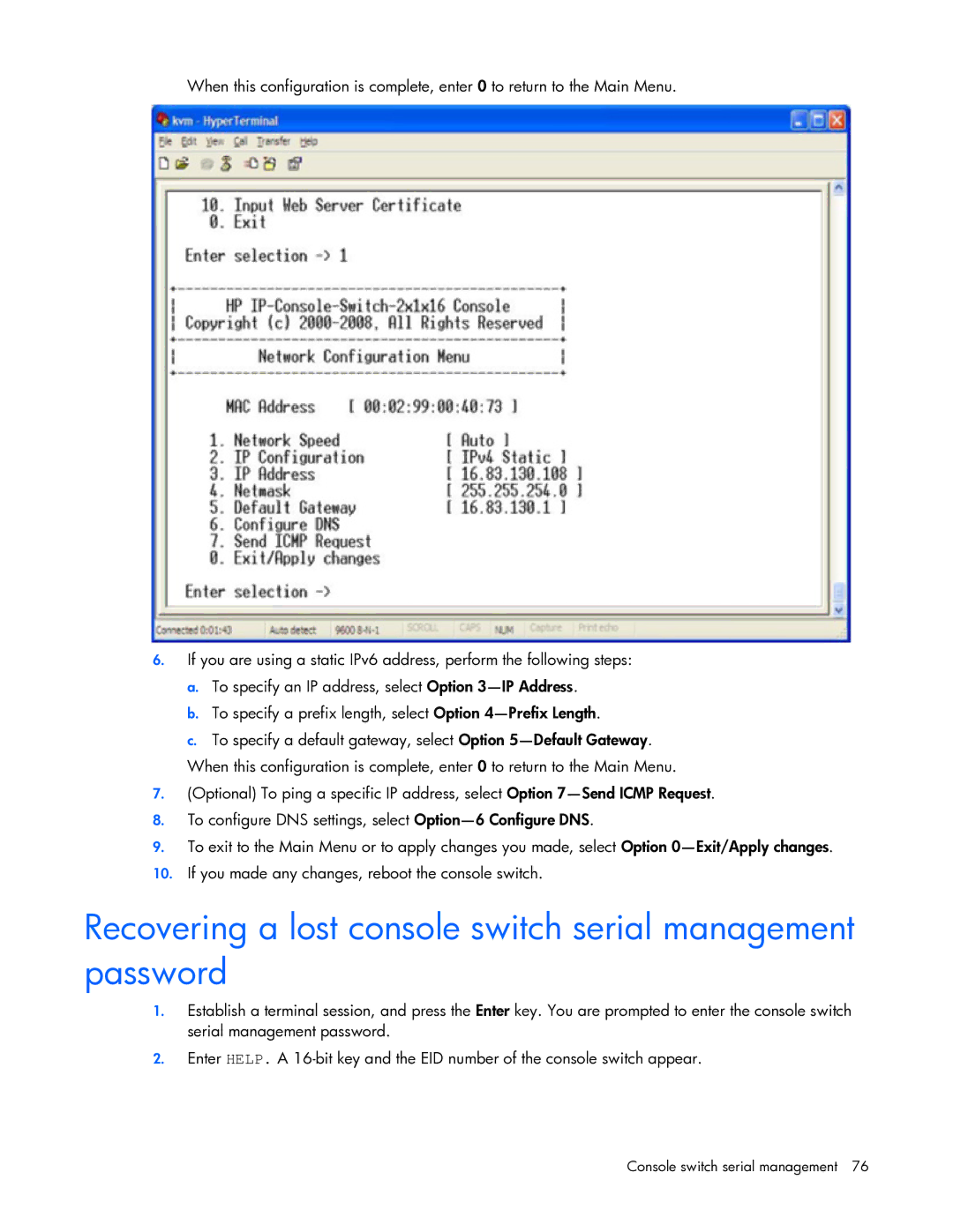 HP 409054-003 manual Recovering a lost console switch serial management password 