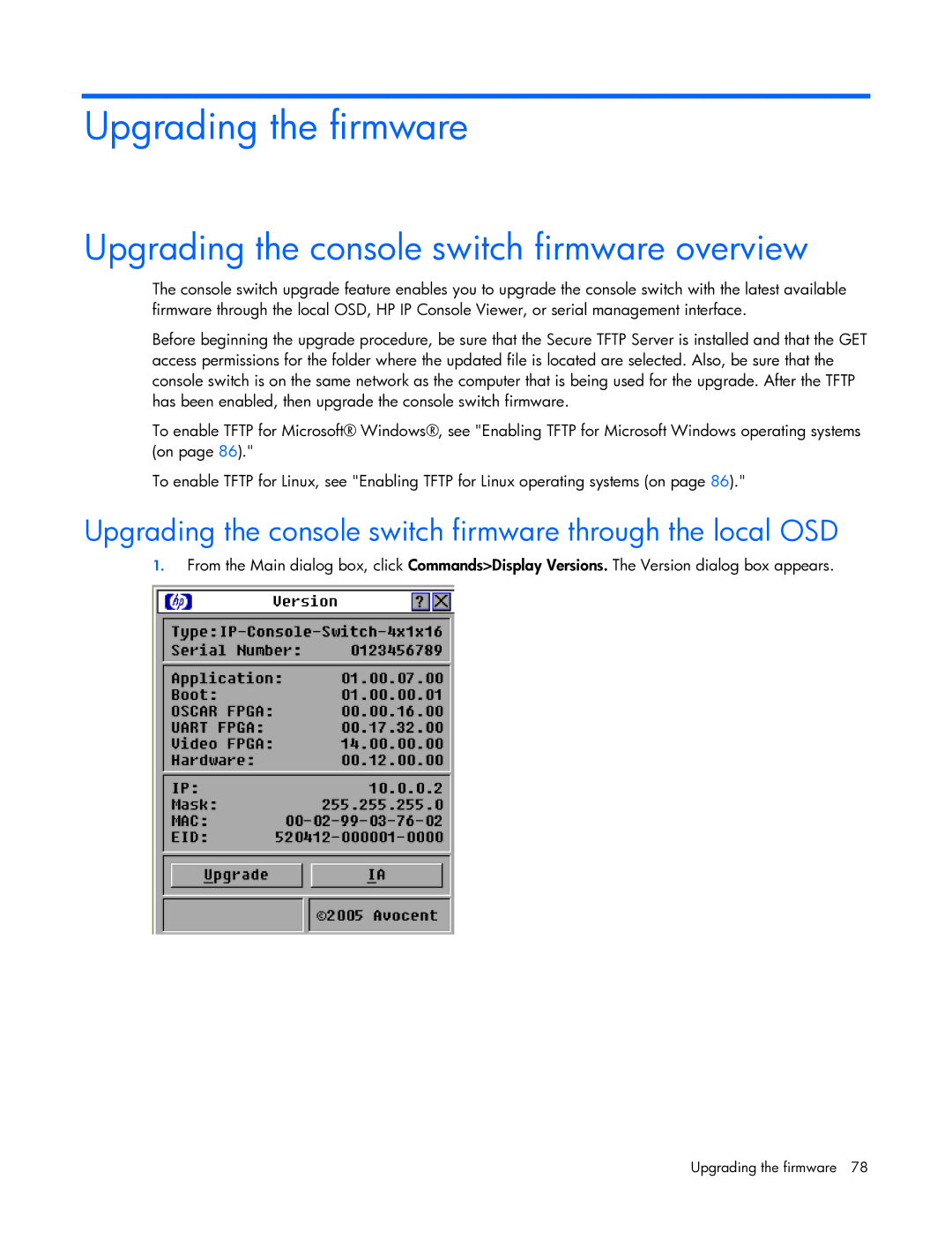 HP 409054-003 manual Upgrading the firmware, Upgrading the console switch firmware overview 