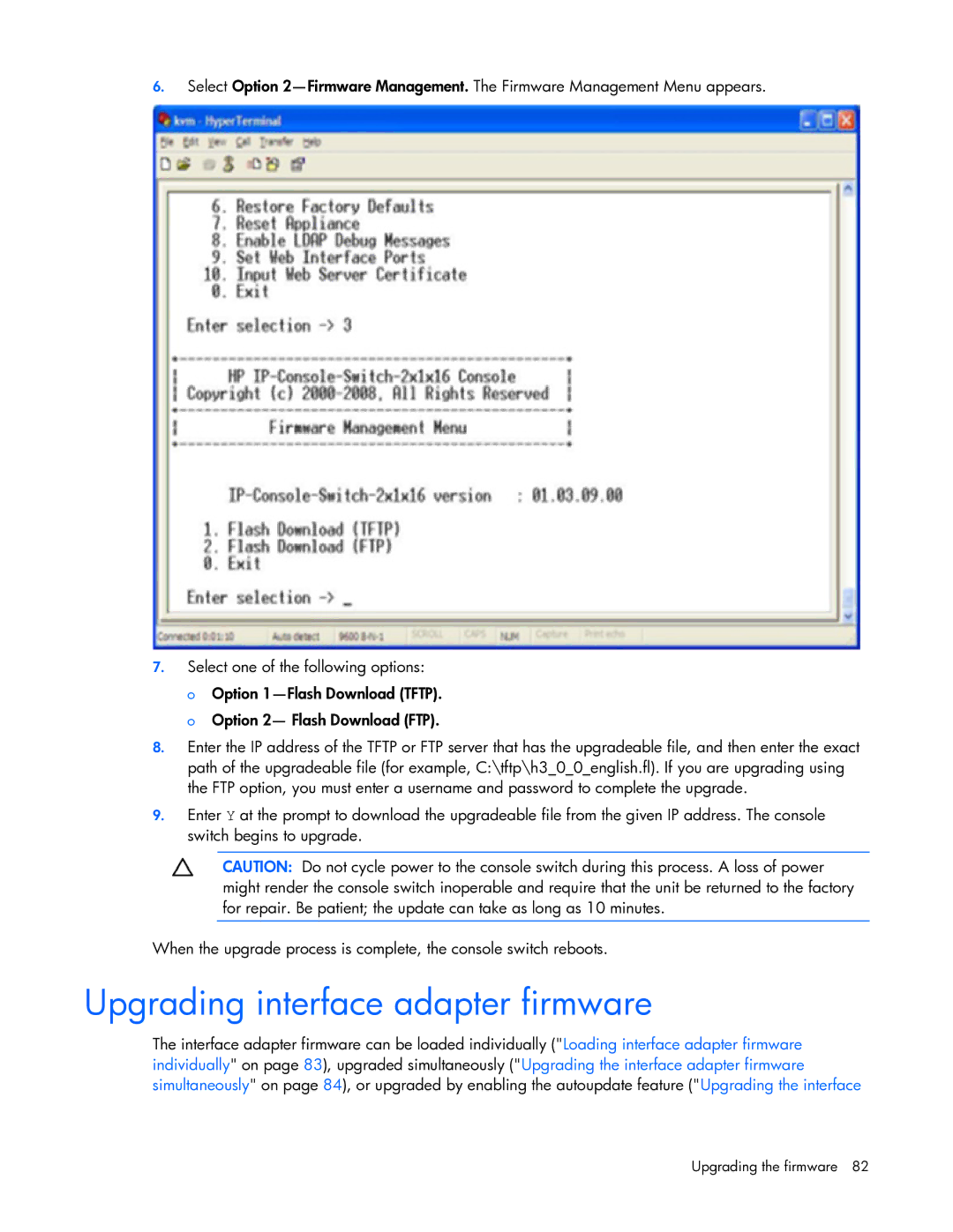 HP 409054-003 manual Upgrading interface adapter firmware 