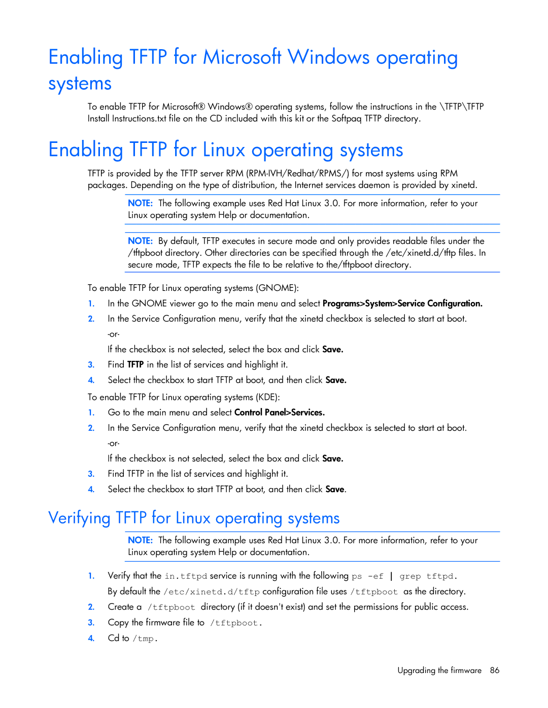 HP 409054-003 manual Enabling Tftp for Microsoft Windows operating systems, Enabling Tftp for Linux operating systems 