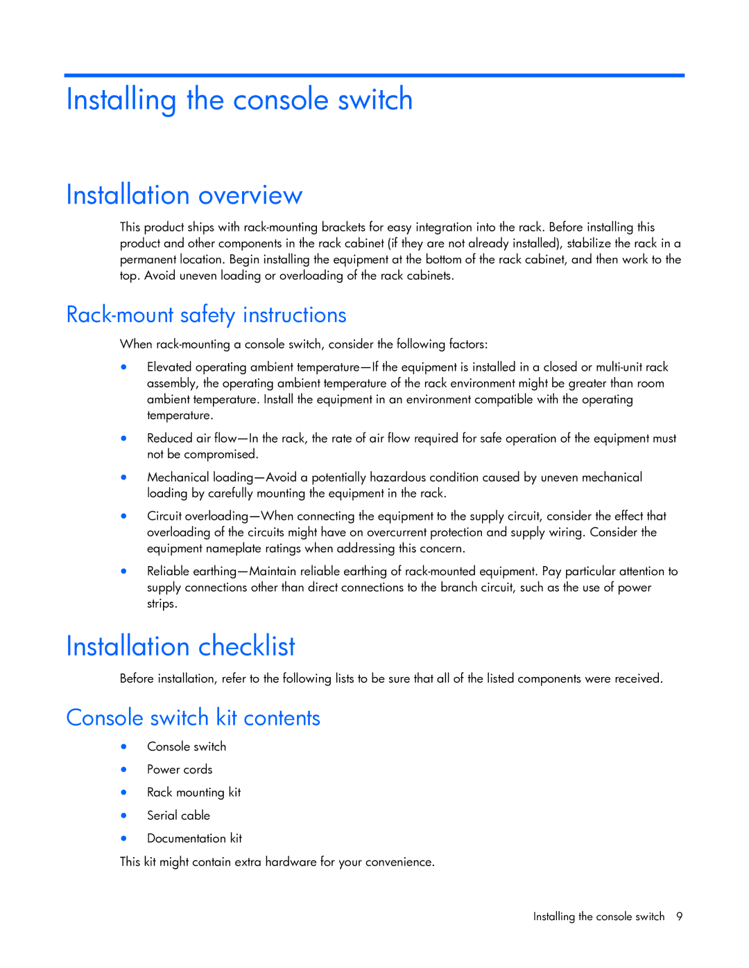 HP 409054-003 Installing the console switch, Installation overview, Installation checklist, Rack-mount safety instructions 