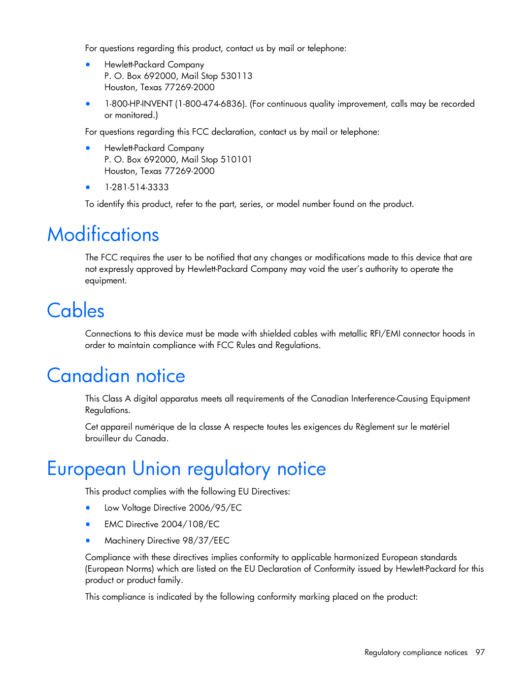 HP 409054-003 manual Modifications, Cables, Canadian notice, European Union regulatory notice 