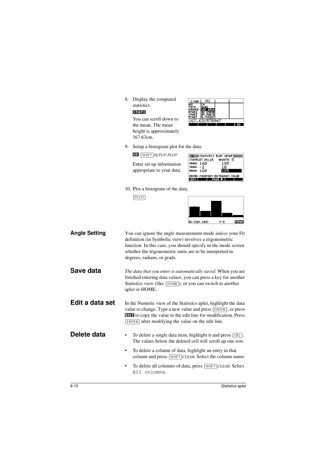 HP 40G manual Save data, Delete data, Angle Setting 