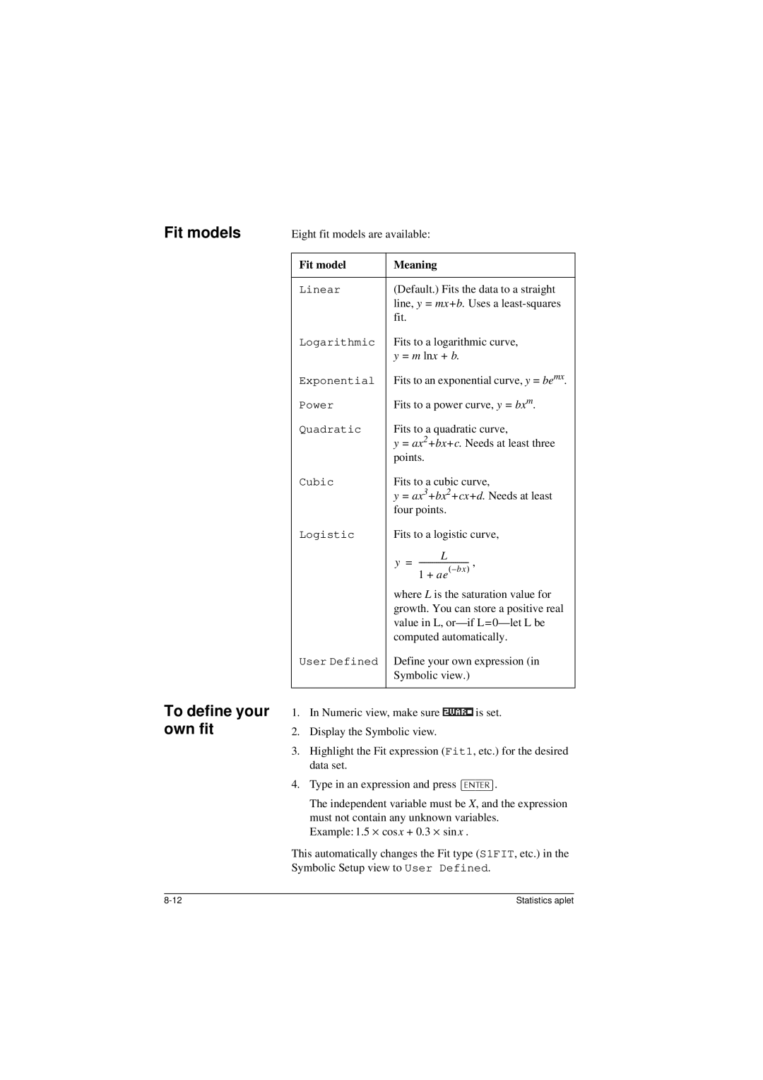 HP 40G manual Fit models To define your own fit, Fit model Meaning, = m lnx + b, = ax3+bx2+cx+d. Needs at least 