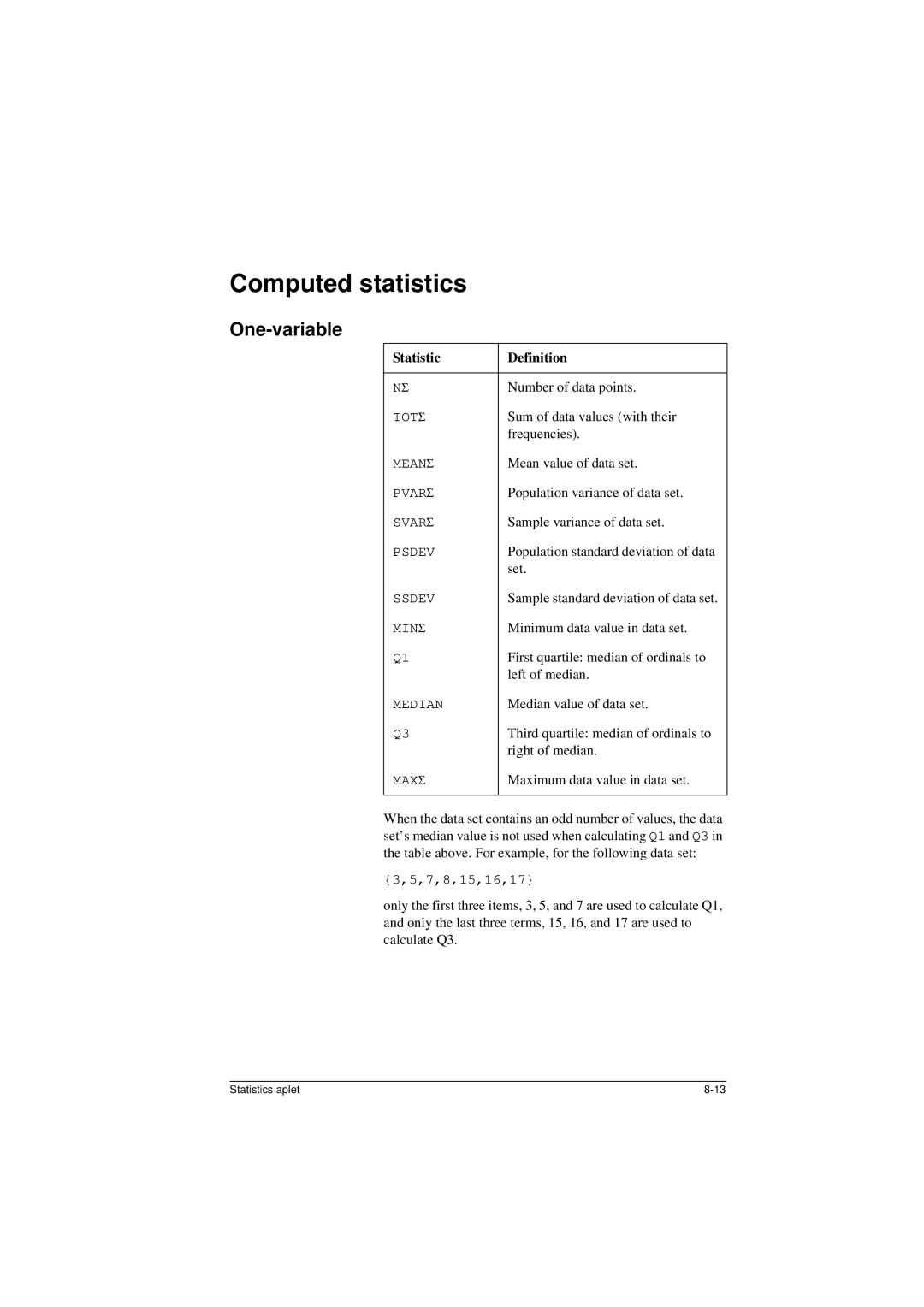 HP 40G manual Computed statistics, One-variable, Statistic Definition 