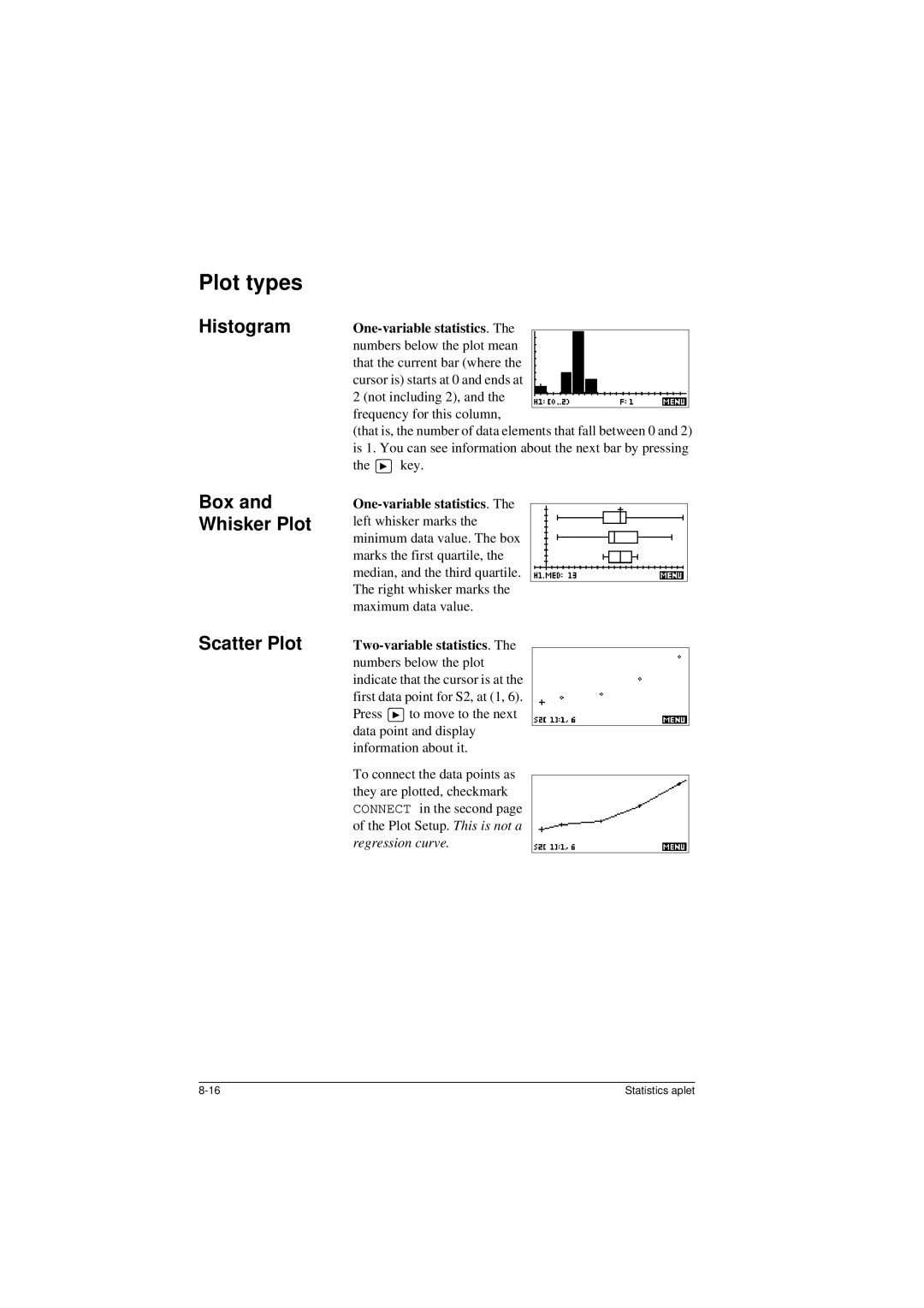 HP 40G manual Plot types, Histogram Box and Whisker Plot Scatter Plot 