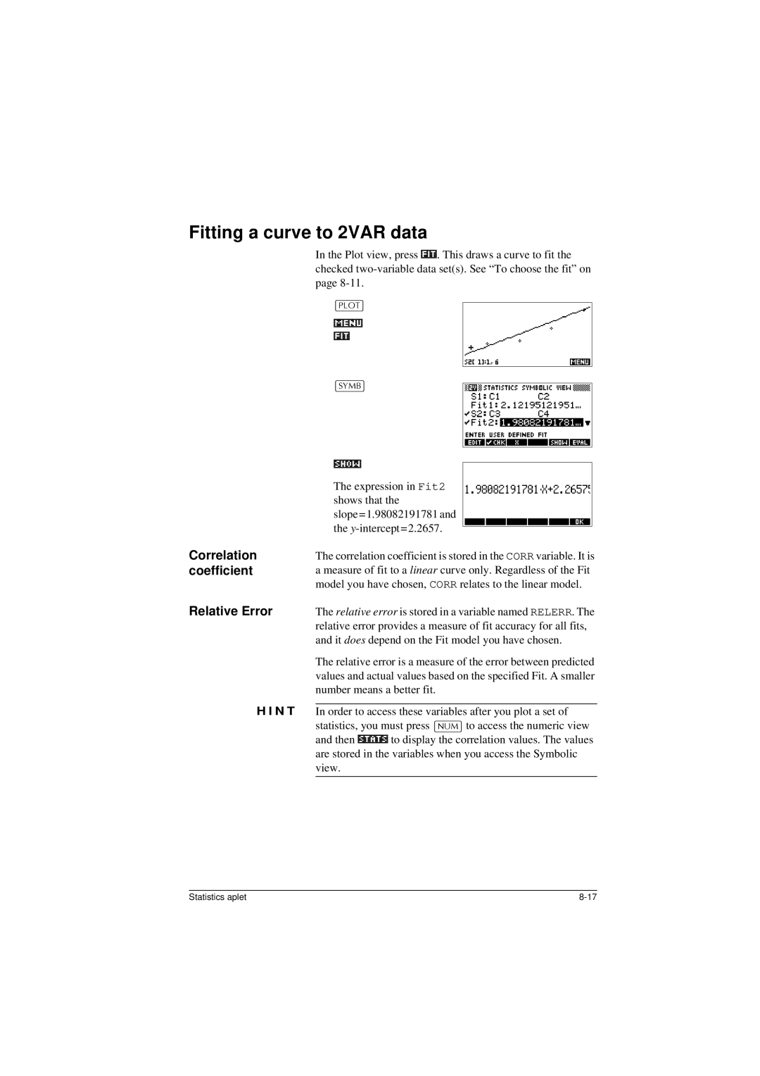 HP 40G manual Fitting a curve to0182VAR data, Correlation, Coefficient, Relative Error, 27@,7 +260%@ 