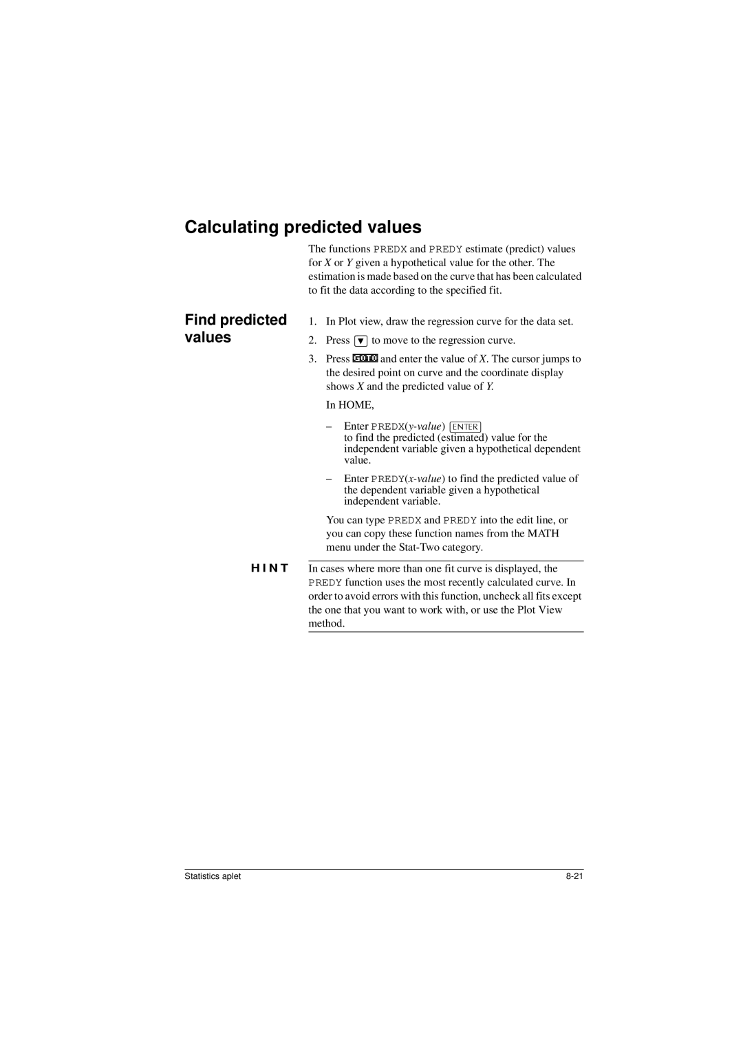 HP 40G manual Calculating predicted values, Find predicted values 