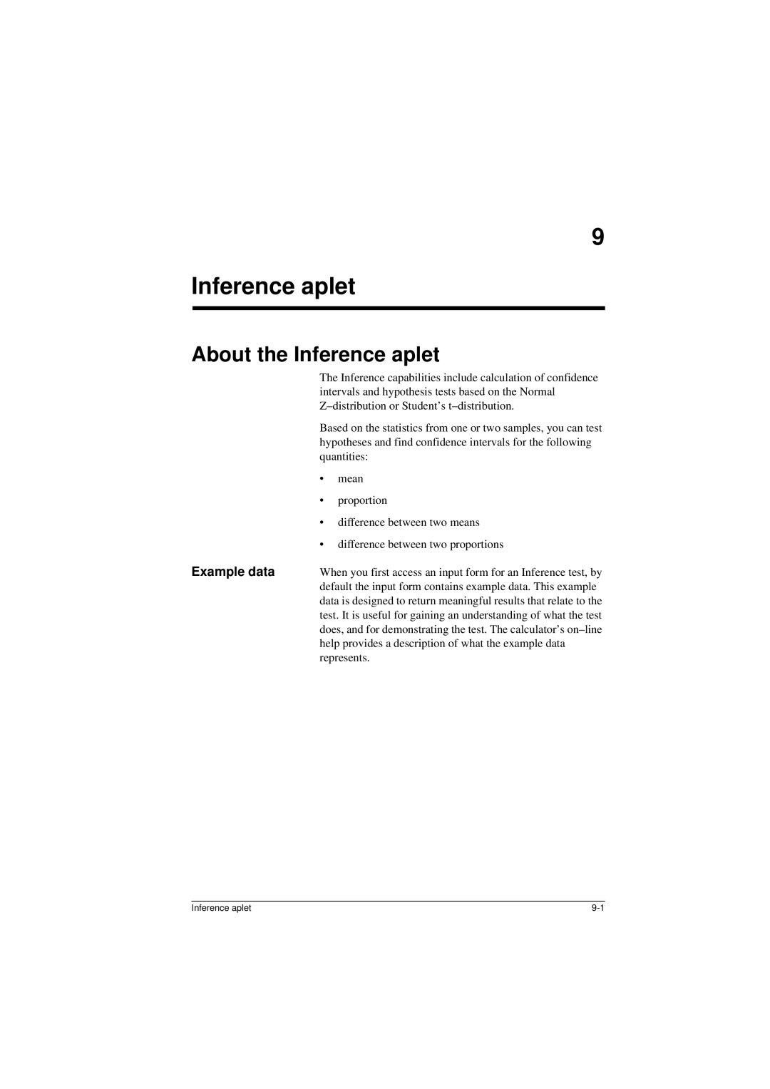 HP 40G manual About the Inference aplet, Example data, Default the input form contains example data. This example 