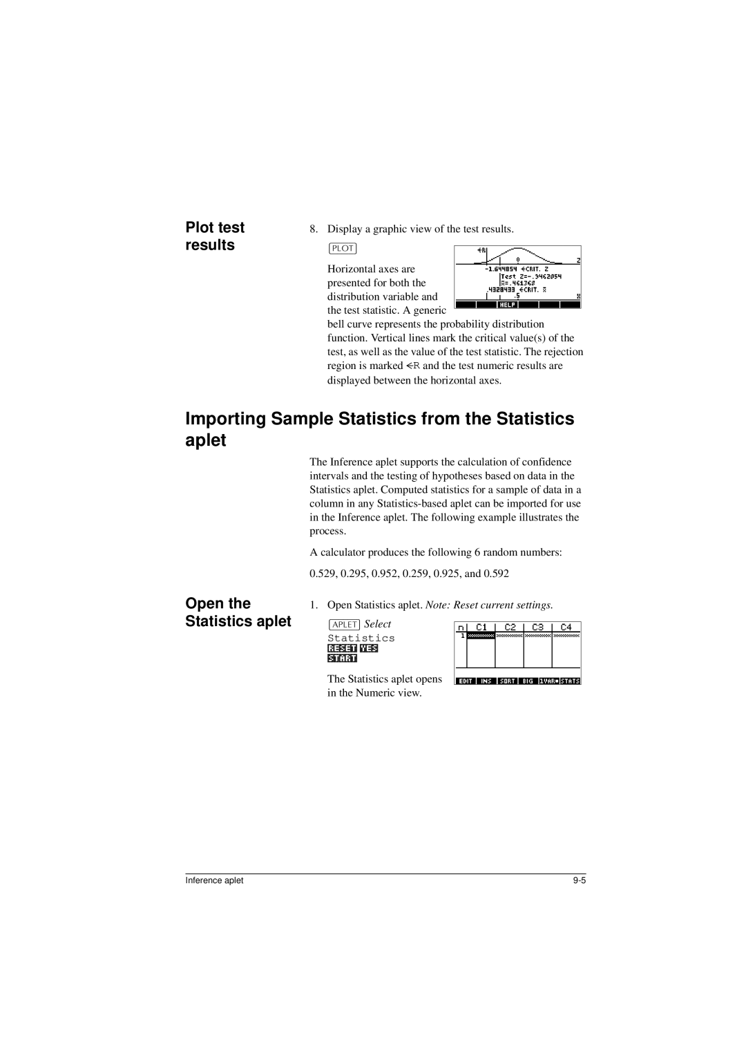 HP 40G manual Importing Sample Statistics from the Statistics aplet, Plot test results, Open the Statistics aplet 