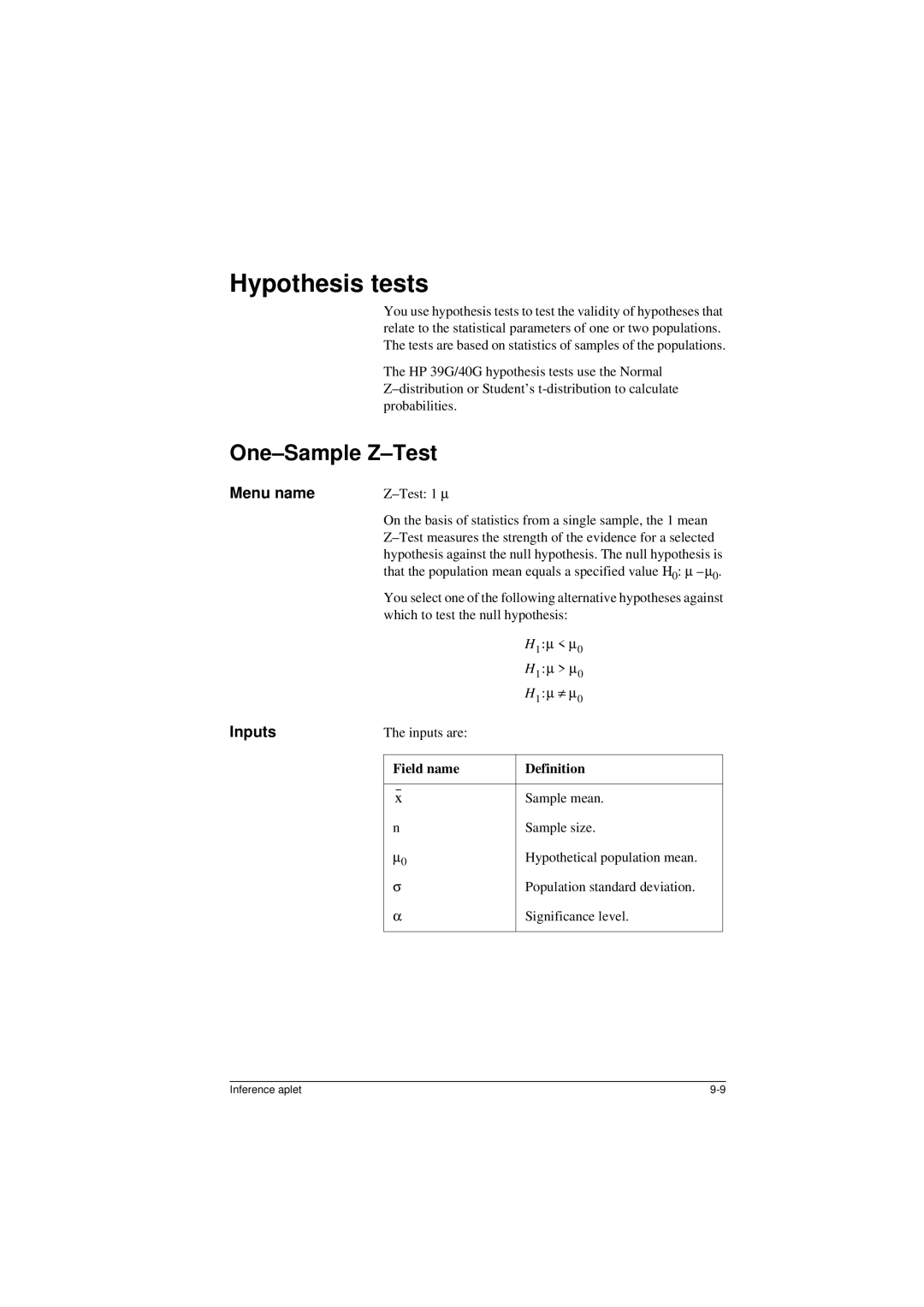 HP 40G manual Hypothesis tests, One-Sample Z-Test, Menu name, Inputs 