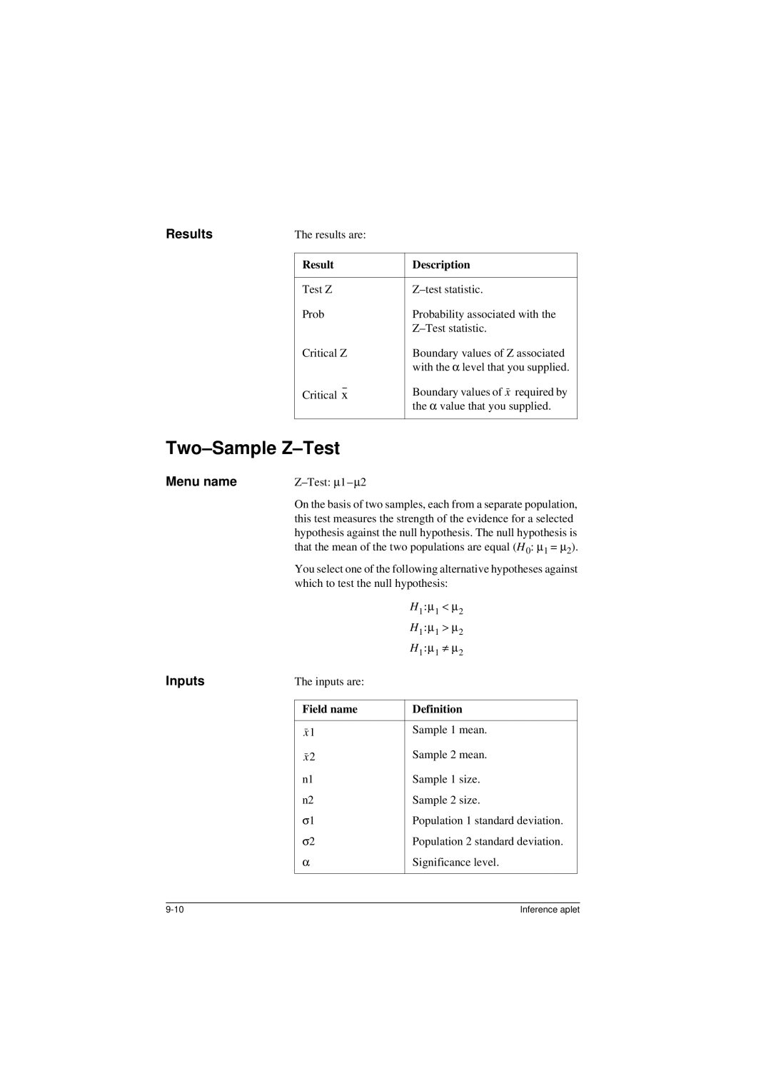 HP 40G manual Two-Sample Z-Test, Results, Result Description 