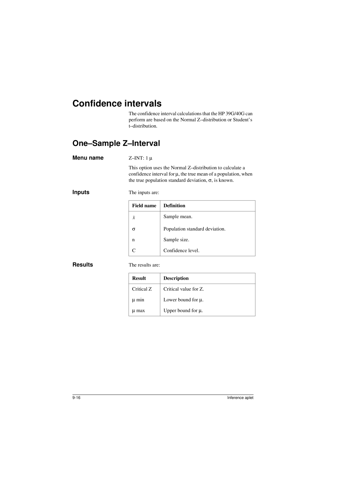 HP manual Confidence intervals, Confidence interval calculations that the HP 39G/40G can, Confidence level 