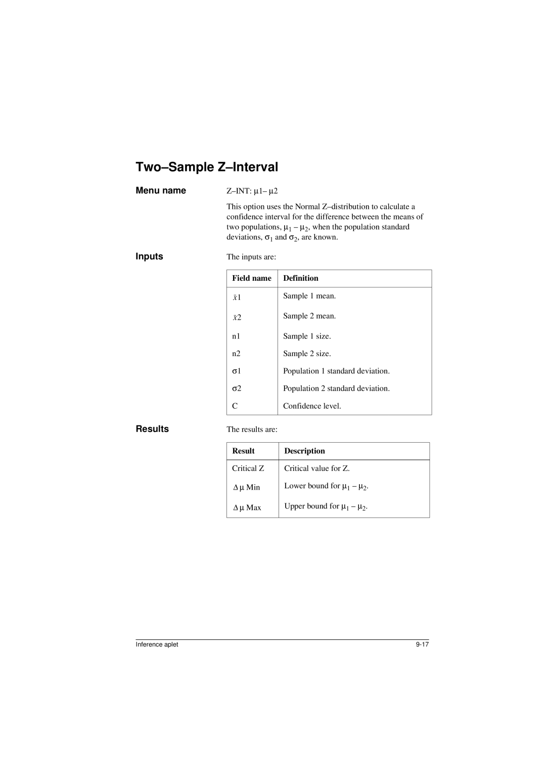 HP 40G Two-Sample Z-Interval, Confidence interval for the difference between the means, Deviations, σ1 and σ2, are known 