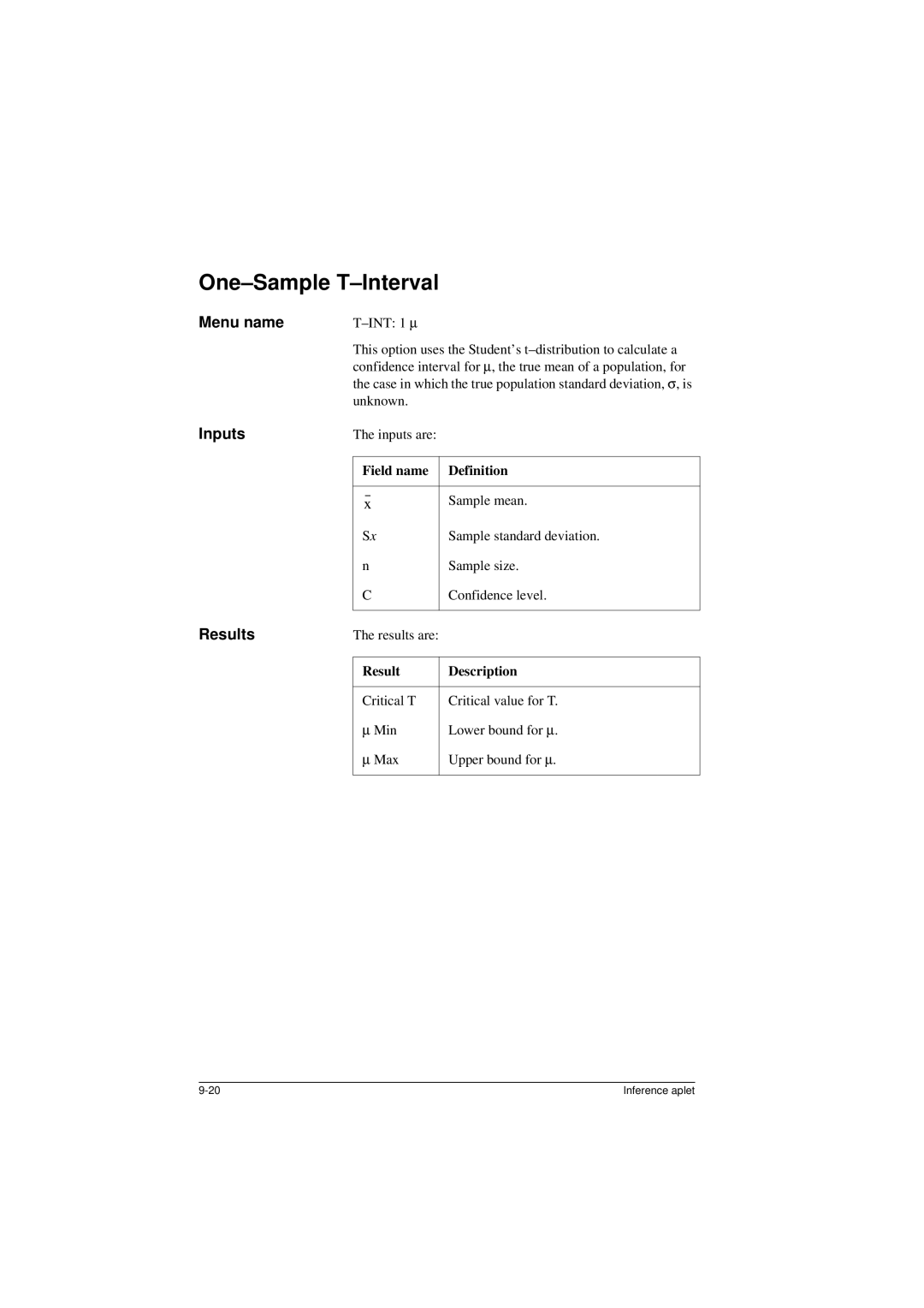 HP 40G manual One-Sample T-Interval, Sample mean 