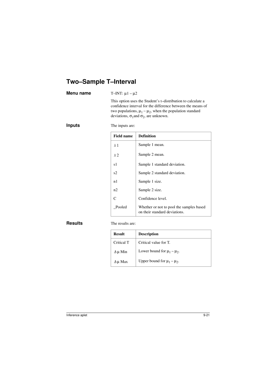 HP 40G manual Two-Sample T-Interval, Sample 1 mean 