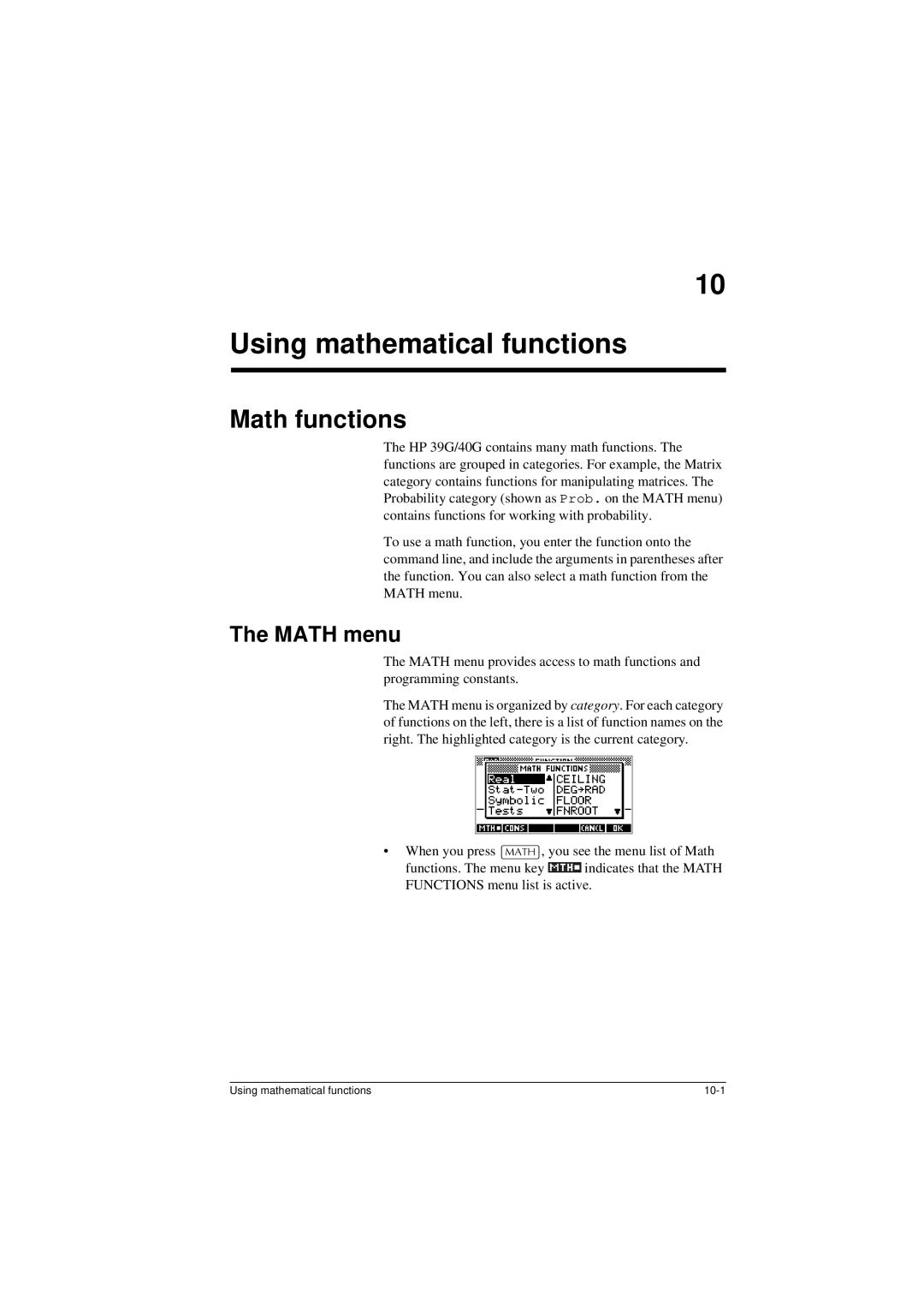 HP 40G manual Using mathematical functions, Math functions, Math menu 