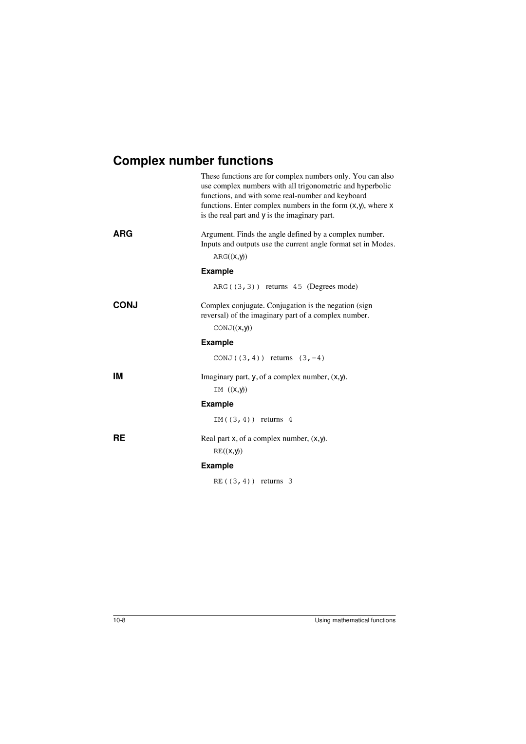 HP 40G manual Complex number functions, Arg, Conj 